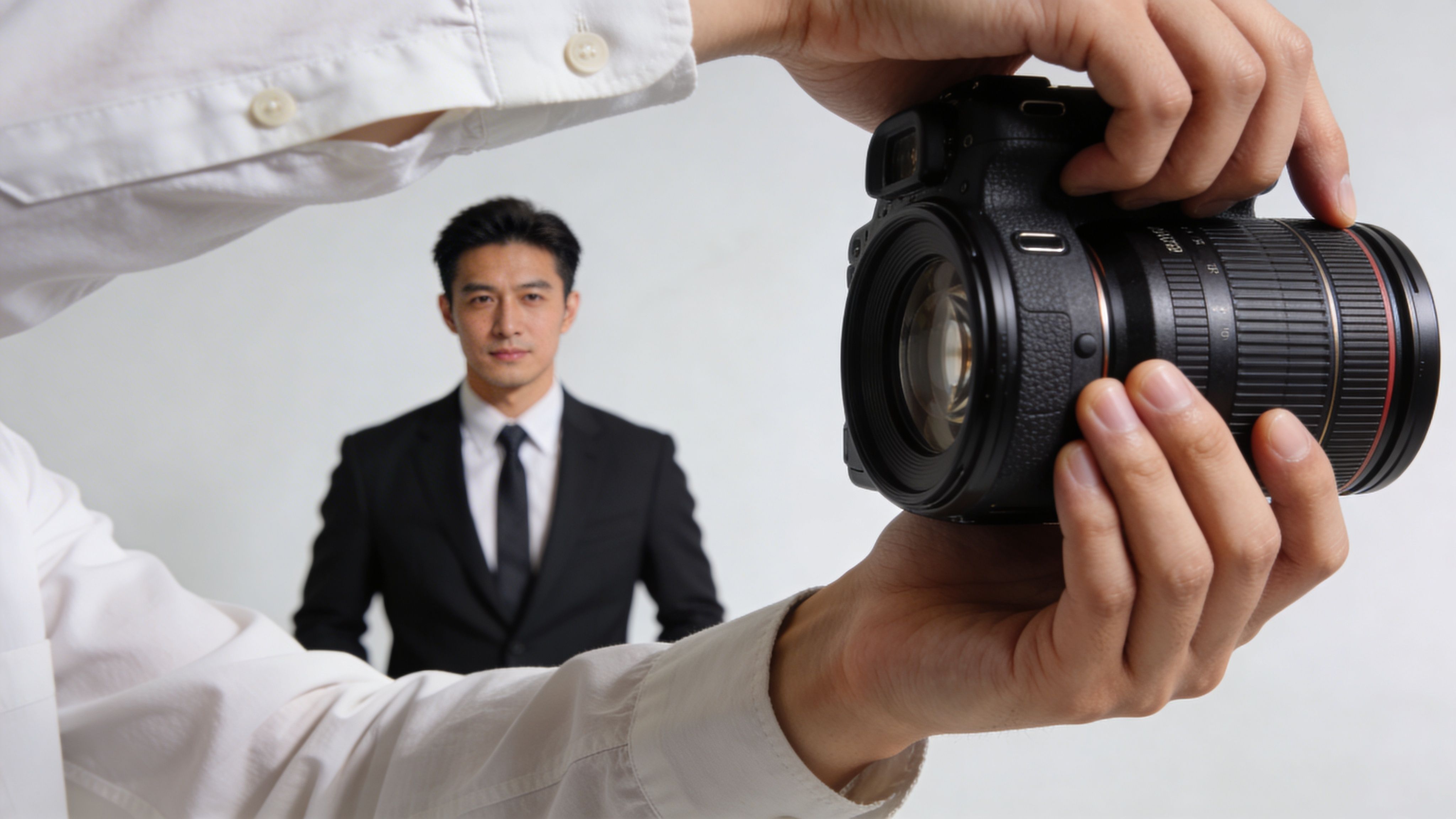 Ein Fotograf hält eine Kamera und macht ein professionelles Porträtfoto von einem Mann im Anzug