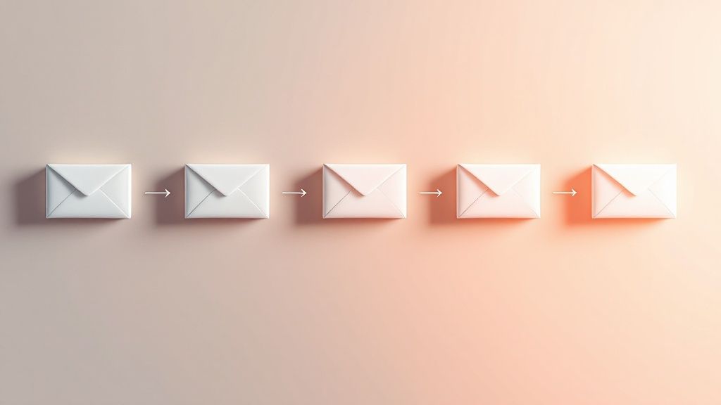 An illustration of a marketer setting up an automated email workflow on a computer screen, with email icons flowing through a sequence.