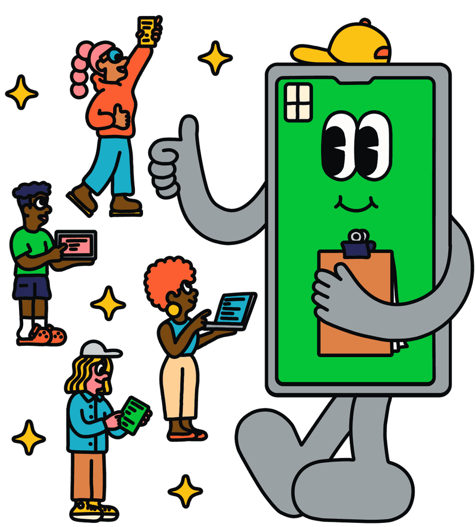 Illustration of a big animated mobile phone giving a thumbs up, with four people using laptops and tablets in front of it.