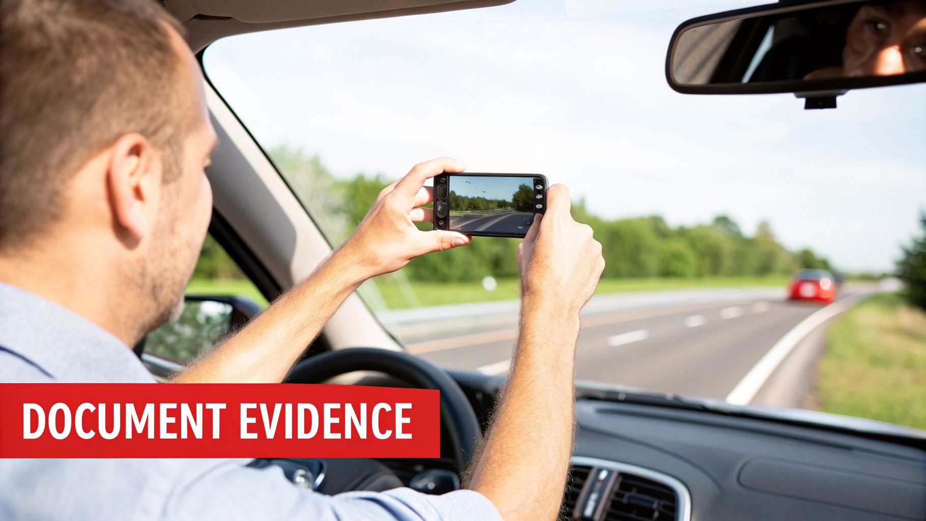 A man in a car holds a smartphone to document evidence of a road ahead with a red car.