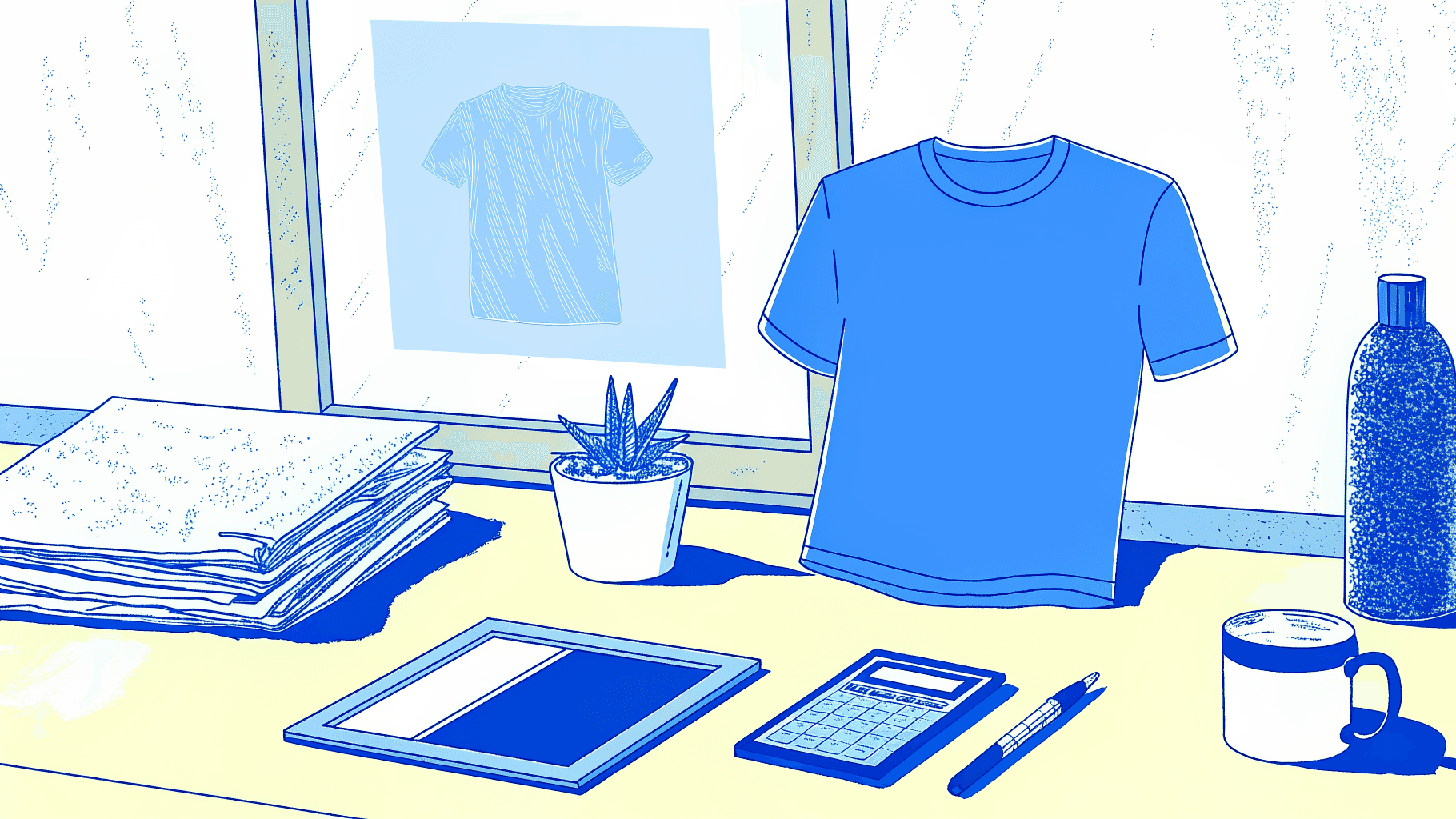 DTG printer cost breakdown with t-shirt sample, calculator, ink, and pre-treatment bottle on desk