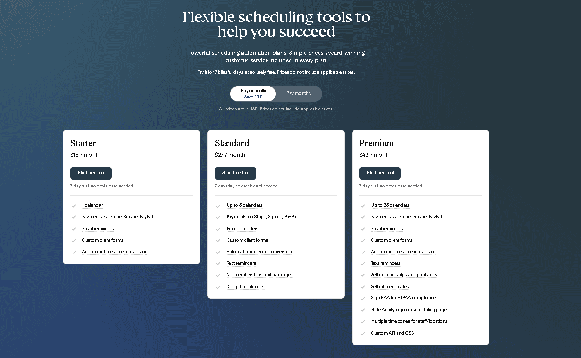 Acuity Scheduling pricing comparison showing the feature lists for Starter, Standard, and Premium plans including calendar limits and payment options.