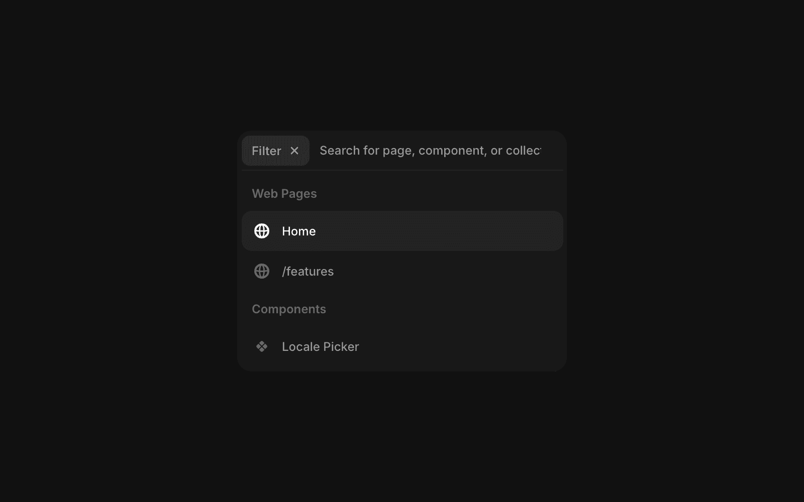 深色界面上的本地化"筛选"对话框，带有搜索栏和结果：网页（Home、/features）和组件（Locale Picker）。