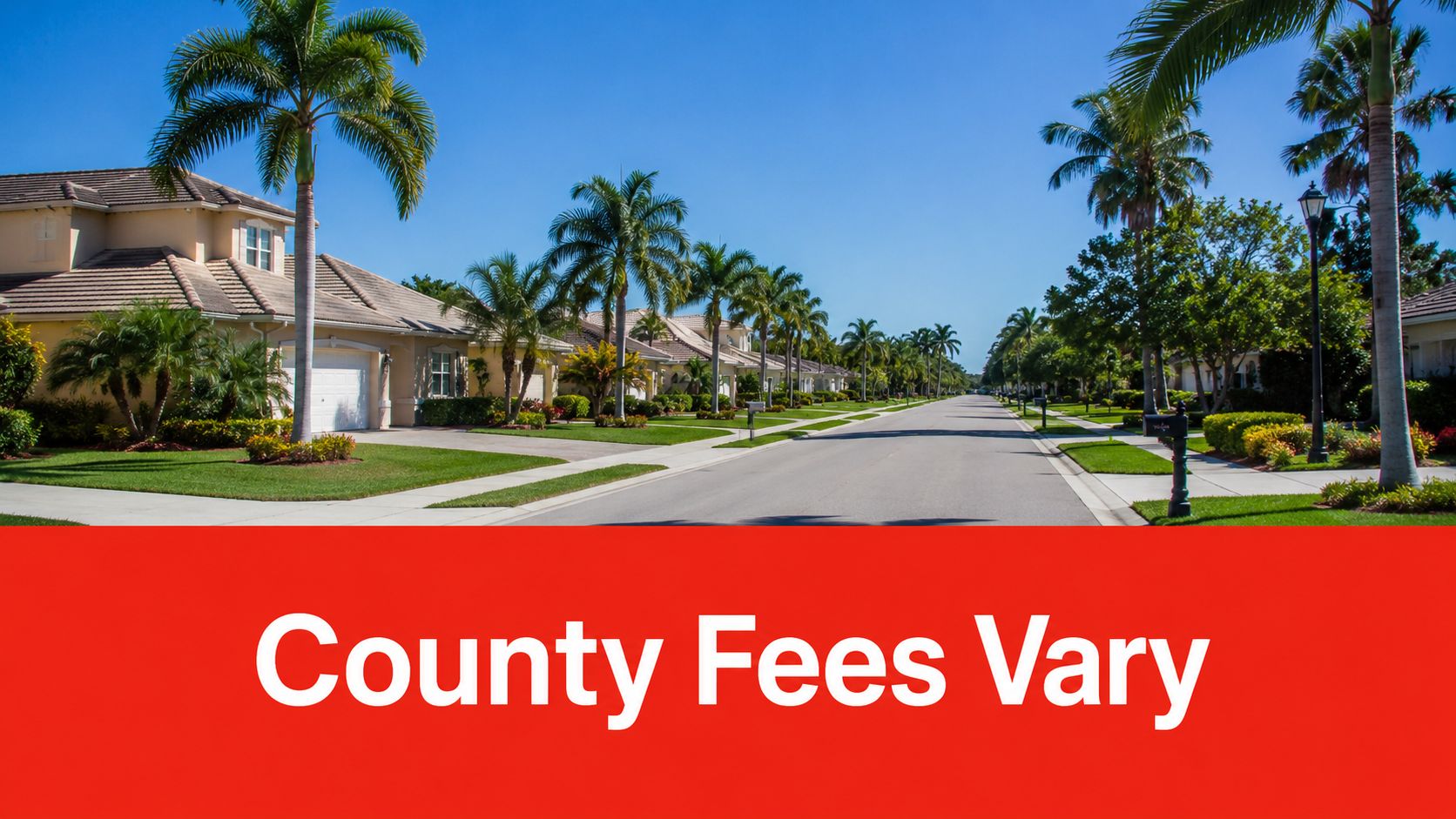 A quiet residential street lined with palm trees and houses under a clear blue sky in Florida.