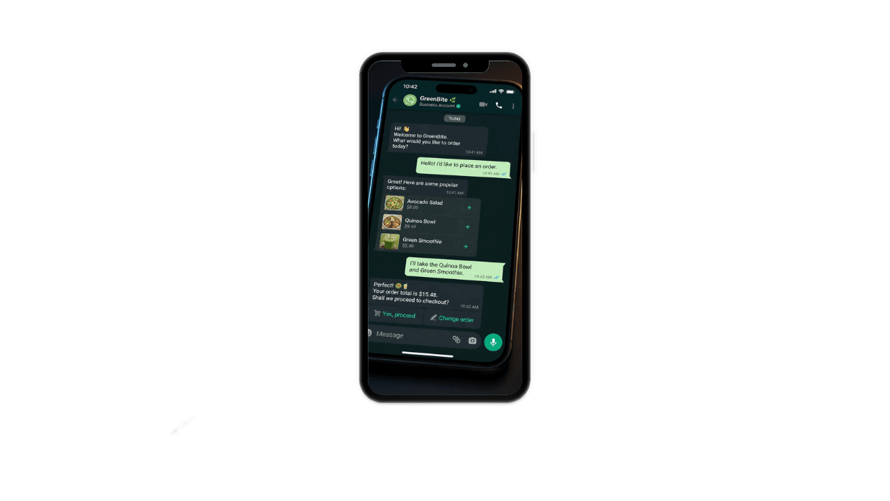Voorbeeld van geautomatiseerde bestelafhandeling via WhatsApp Business, ontwikkeld door Fydex voor een horecabedrijf