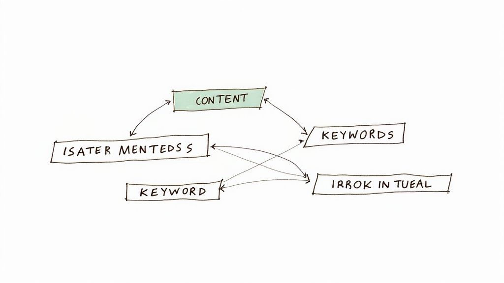 A person weaving thread on a loom, symbolizing the process of weaving keywords into a content strategy.