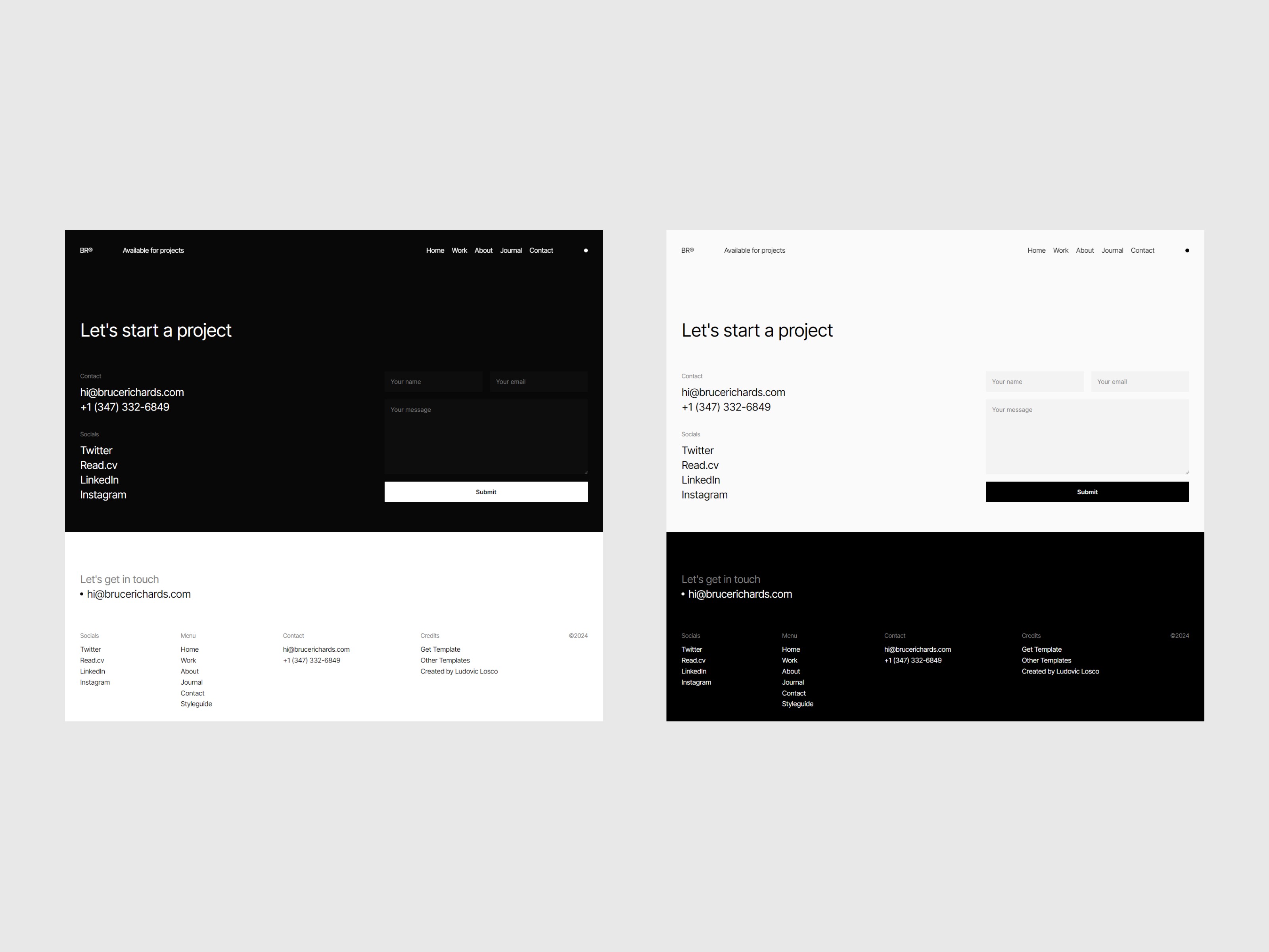 Bruce Framer portfolio template contact page