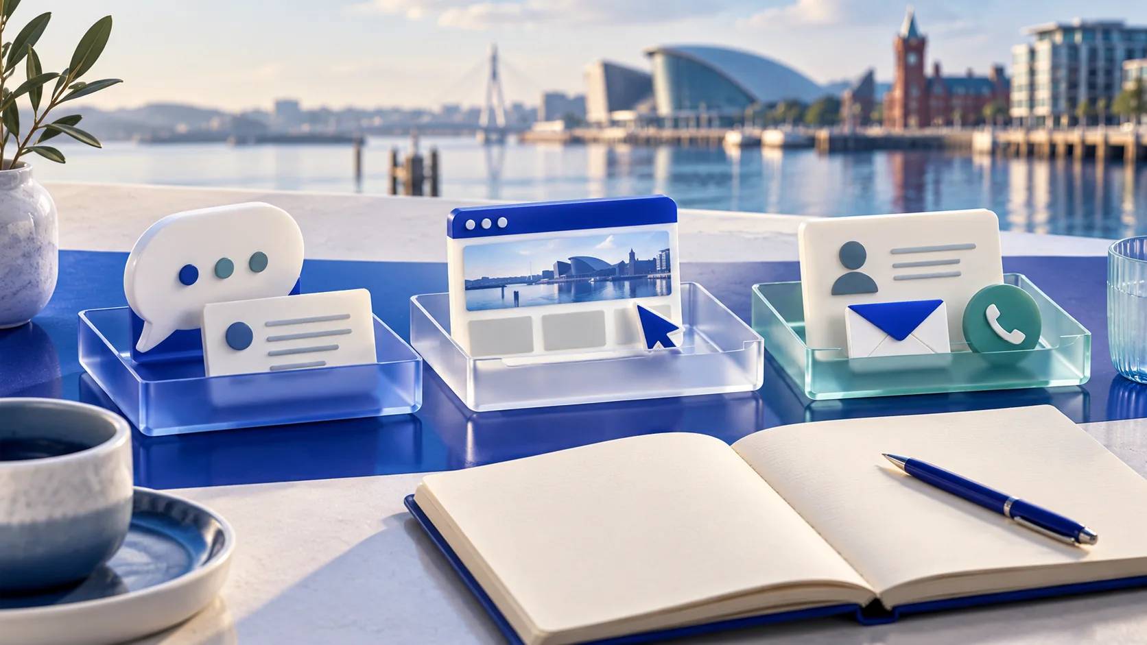 Separate AI answer, website visit and enquiry records beside Cardiff Bay.