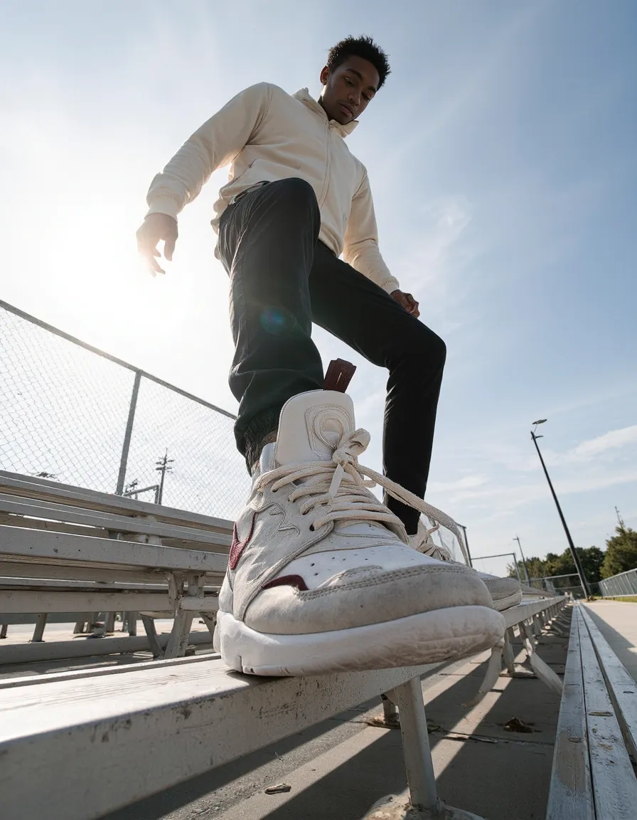 Low-angle perspective of white sneakers on bleachers, person in cream hoodie and dark pants standing on metal bench against blue sky