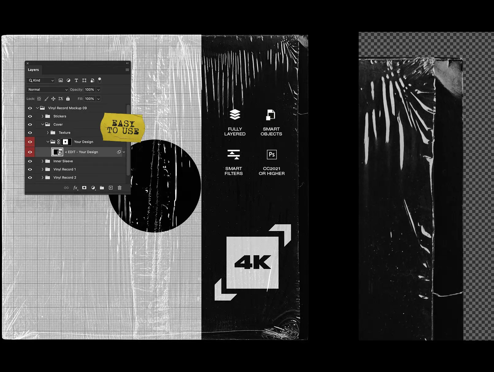 Vinyl record mockup close up showing plastic wrap album cover texture detail