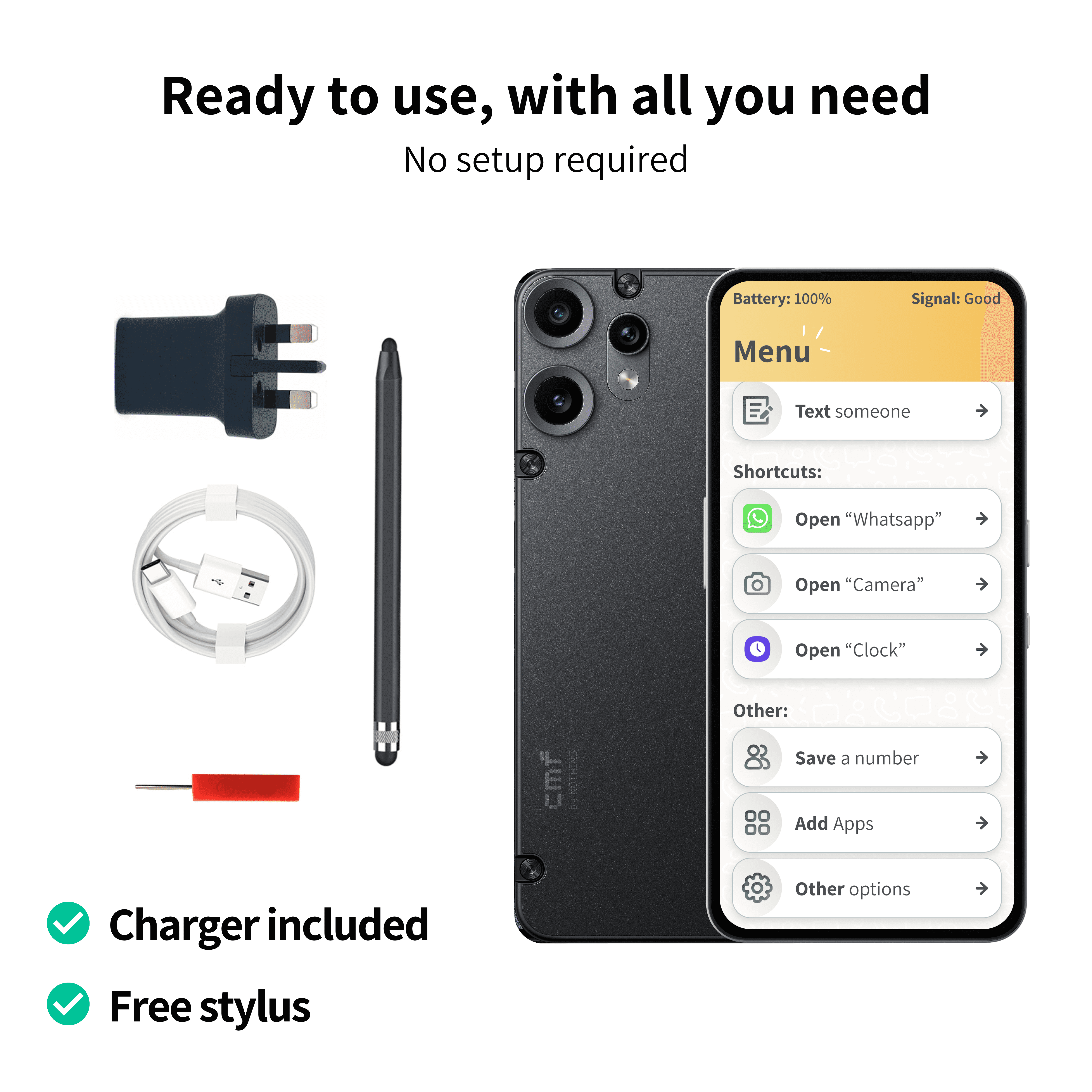 Black phone case with yellow label, charger, cable, sim card tool, and stylus on a white background