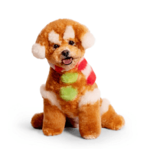 Adorably groomed dog with festive scarf and creative haircut to express personality, warmth, and playful grooming artistry.
