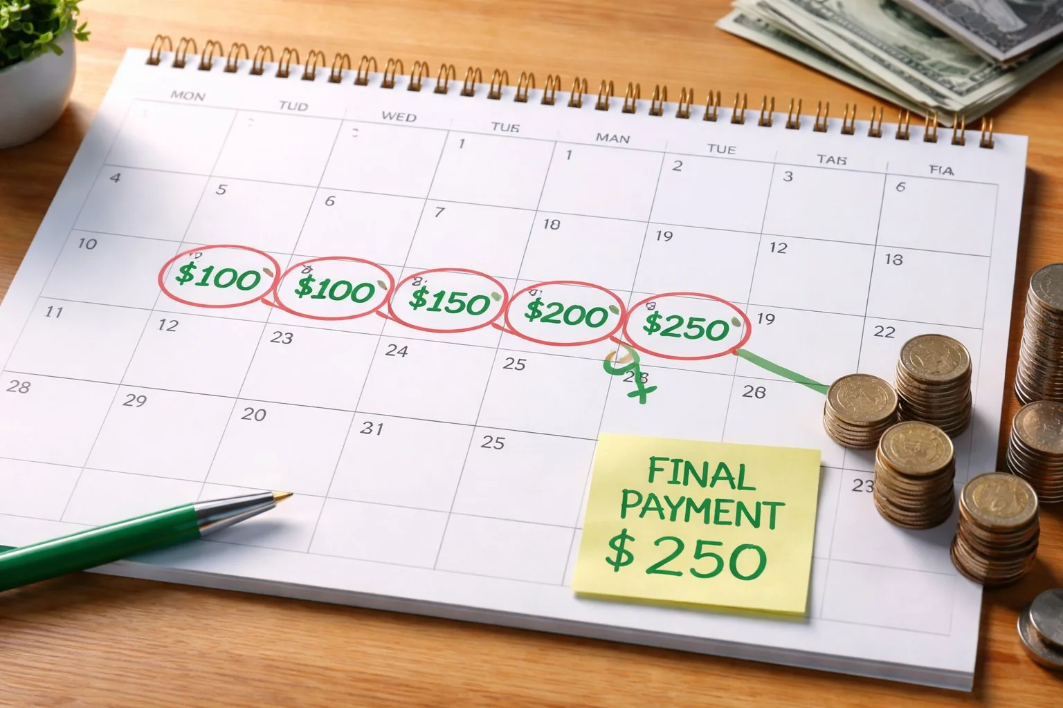 Calendar marked with evenly spaced payment dates, showing small payments adding up over time to represent an installment agreement.