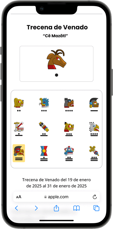 Fotografía de un smartphone con la interfaz de Tonalkin.org; muestra la sección de la 'Trecena del Venado' con una lista organizada de los trece signos acompañantes y un panel de información detallada sobre la influencia y el periodo de este ciclo cronológico.
