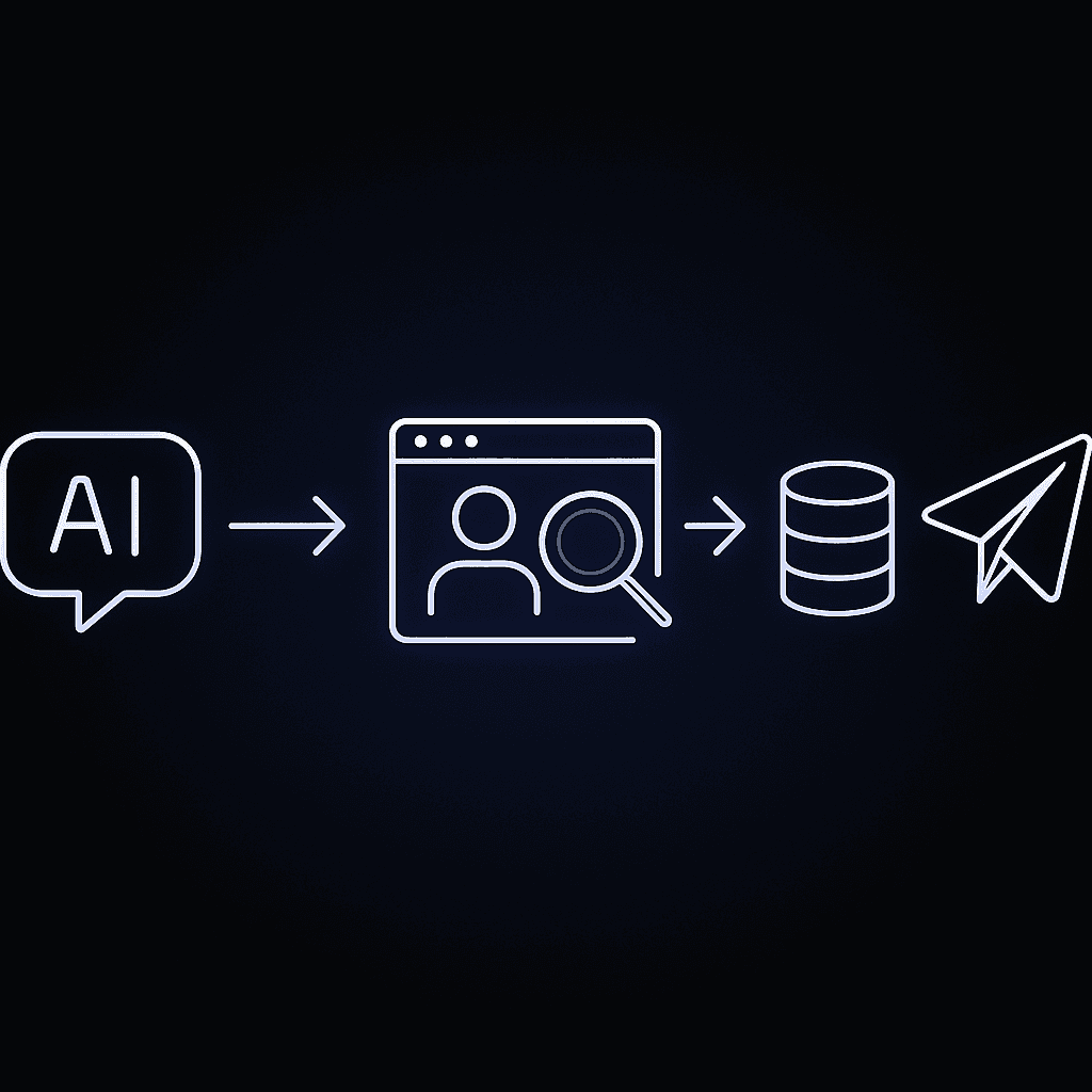 Flow diagram of AI visitor moving through identification layer into CRM and automated outreach.