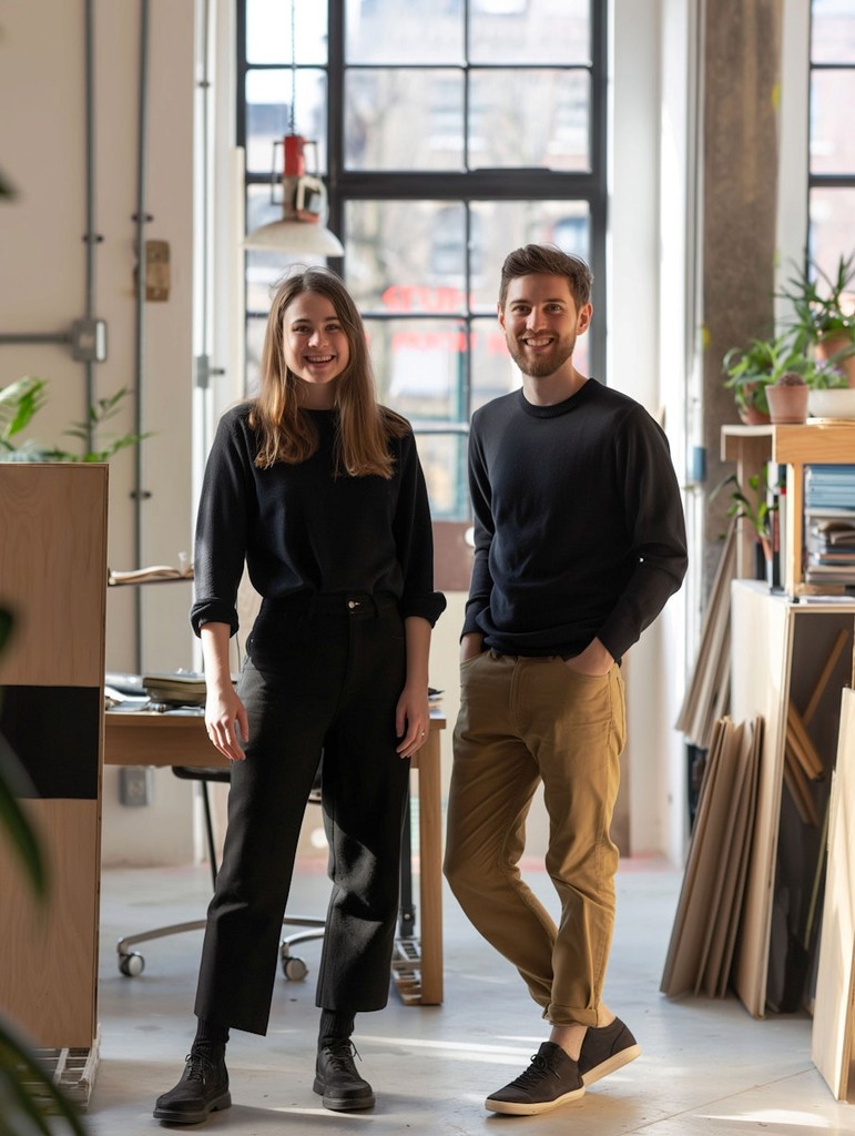 Two smiling colleagues standing in a bright office, representing QBE's sustainability challenge results.