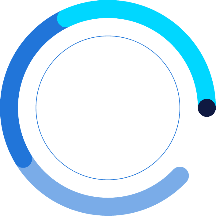 A series of connected circles in various shades of blue, aligned horizontally in two rows, illustrating concepts of networking and data flow.