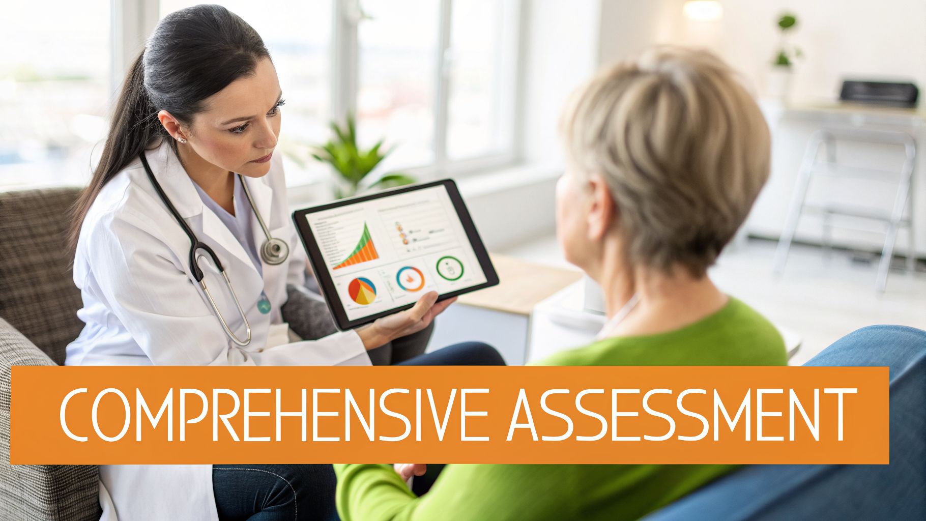 A doctor shows a tablet with health data and charts to an older female patient during a comprehensive assessment.