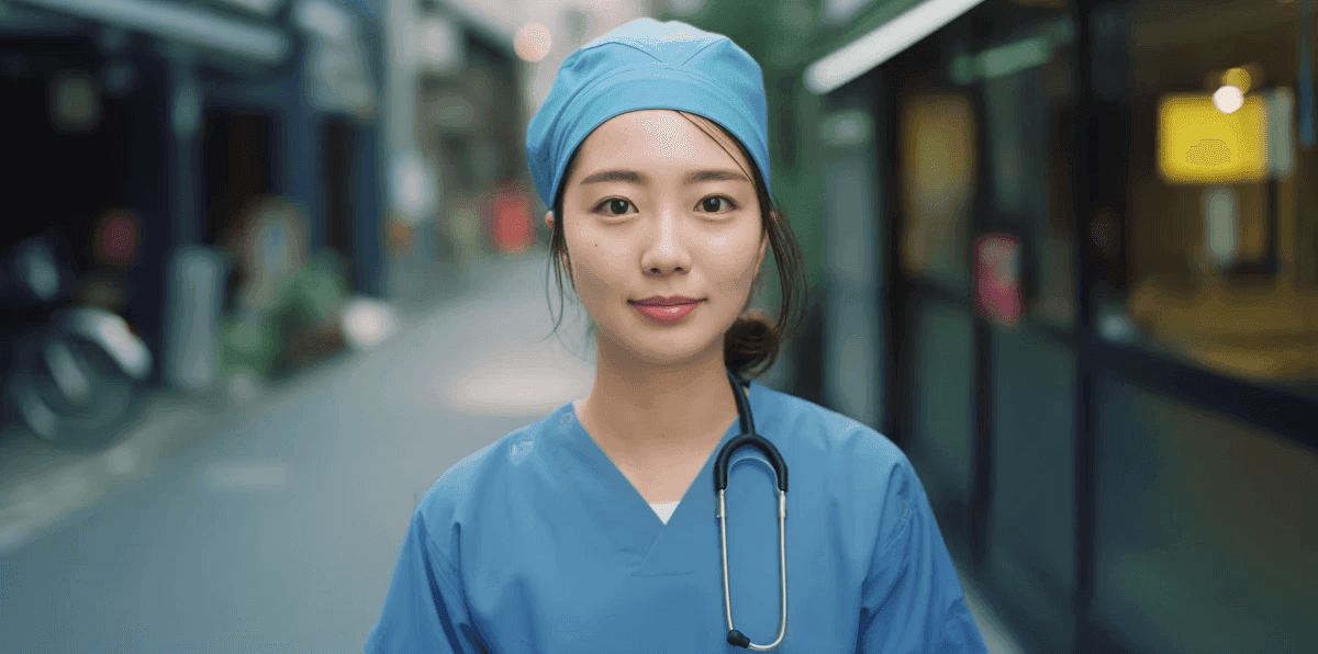 Young medical professional in blue scrubs and cap, standing confidently in an urban street with a stethoscope around her neck, conveying calm readiness.