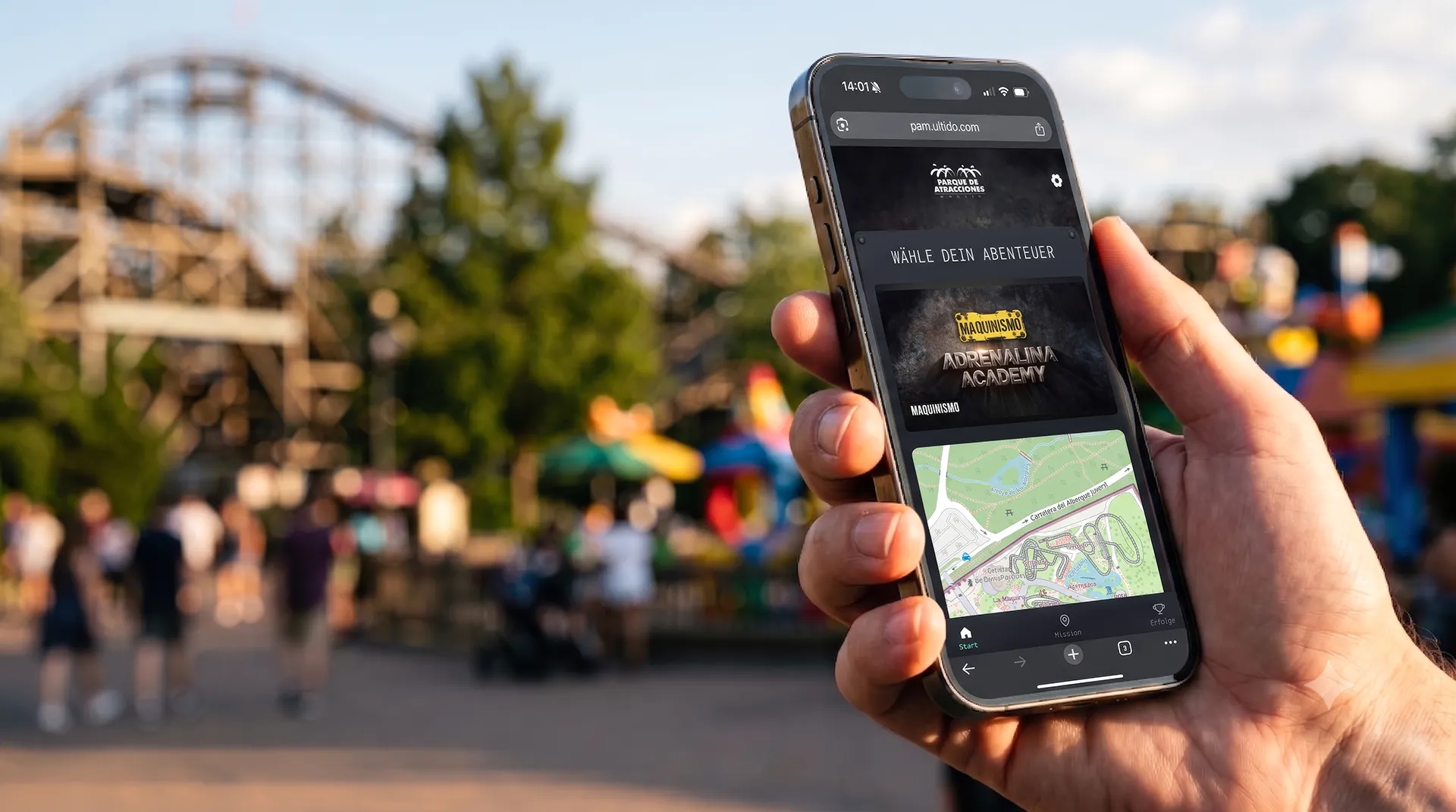 Hand holding a phone showing the ULTIDO web app adventure menu for Parque de Atracciones