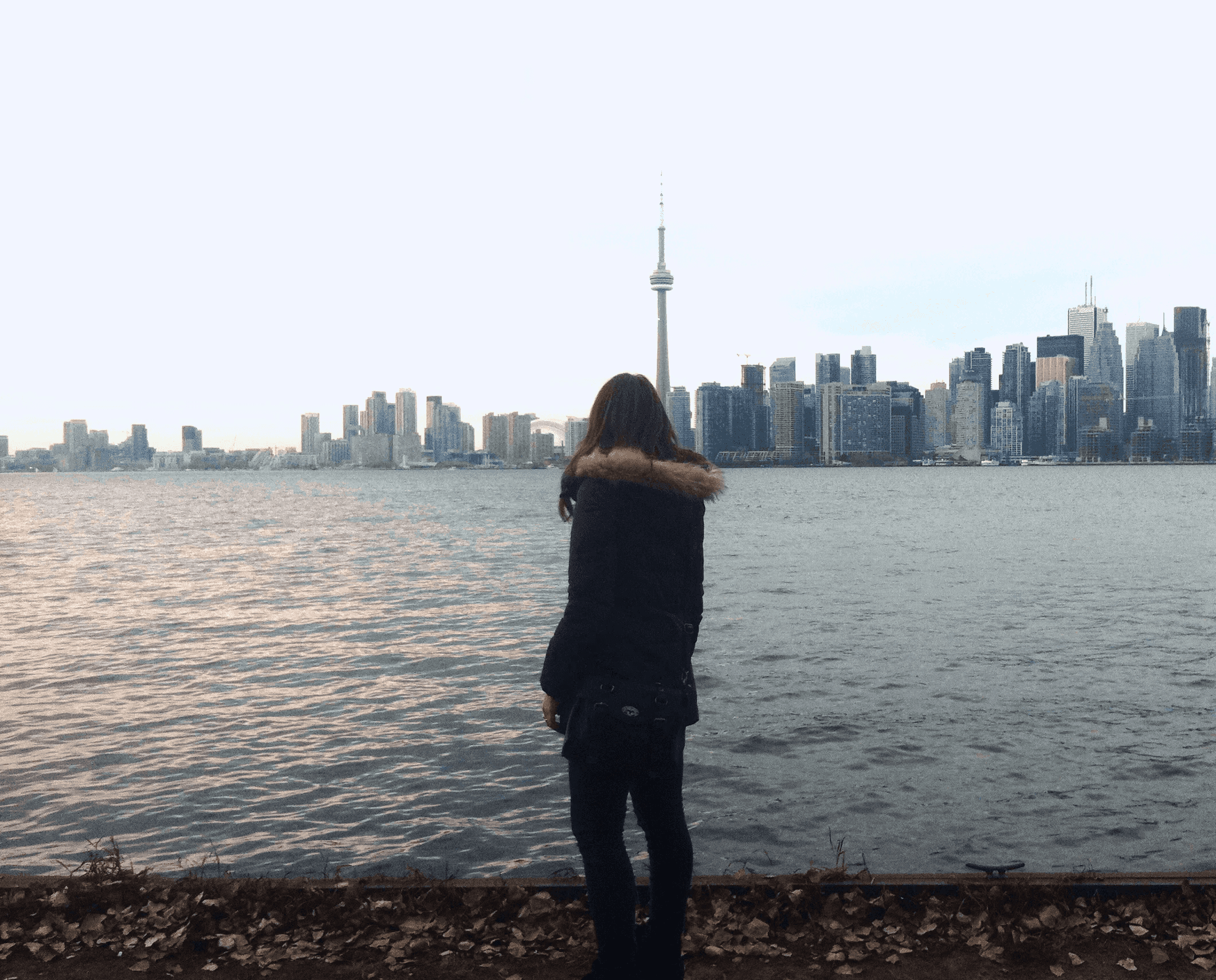 a-woman-looking-at-CNTower-Toronto-bay-skyline