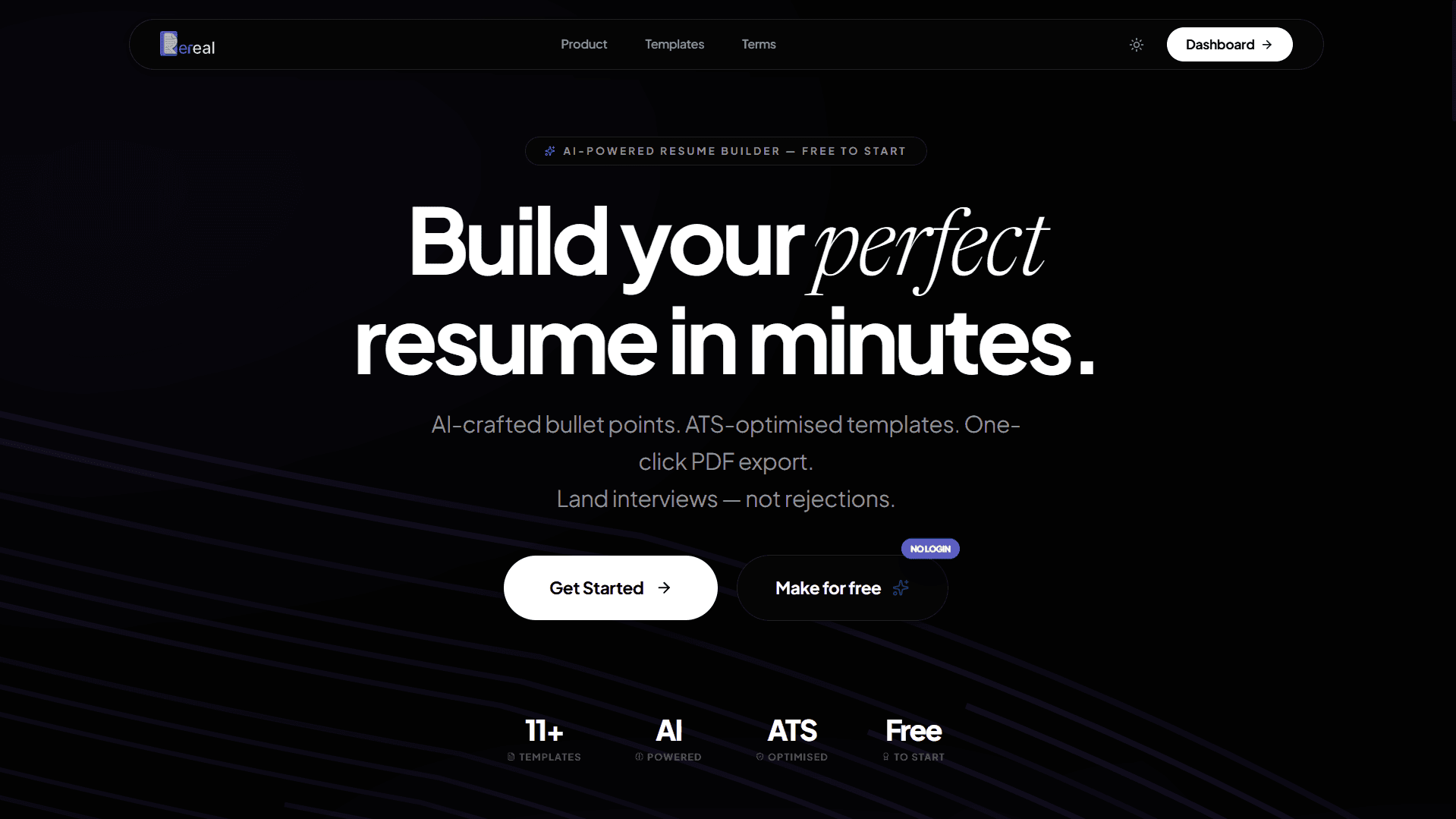 home page of the resume builder website