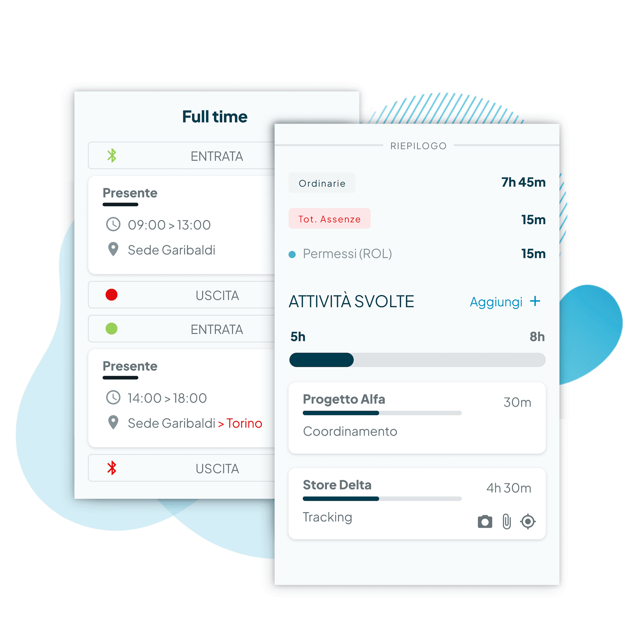 Schermate di Fluida con dettaglio su ore da rendicontare in base all'orario lavorativo inserito sulla funzionalità Gestione presenze