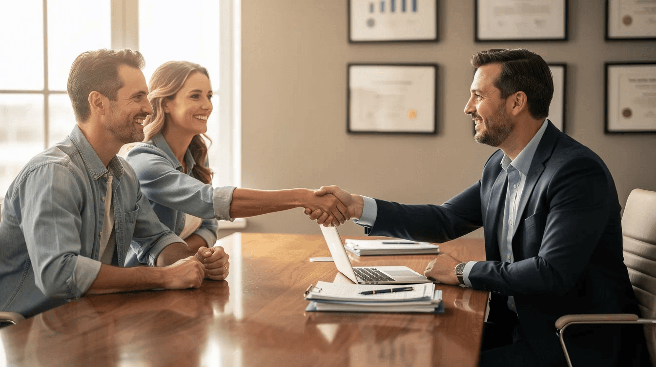 A professional financial advisor is shaking hands with a couple across a desk in a warm, well-lit office, emphasizing the importance of regularly reviewing beneficiary designations for retirement accounts and life insurance policies to avoid legal complications and ensure that their wishes are honored. This meeting highlights the need for couples to update their estate plans, especially after significant life changes like marriage or divorce, to protect their assets and legacy.