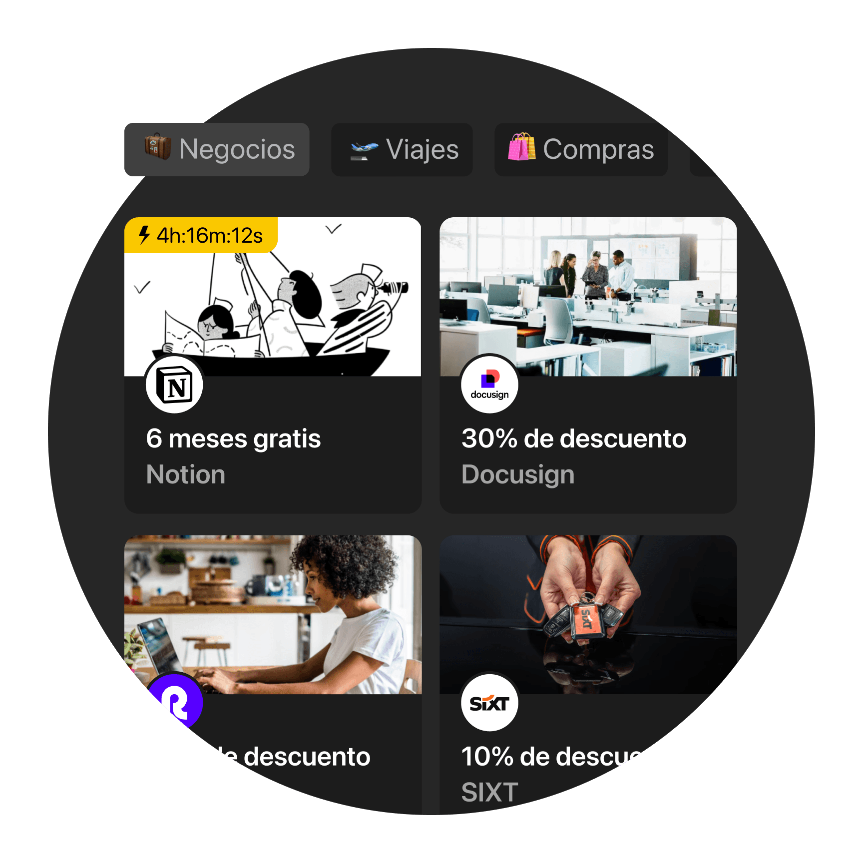 Una interfaz circular que muestra varias opciones como "Travel" y "Shopping," con imágenes e íconos.