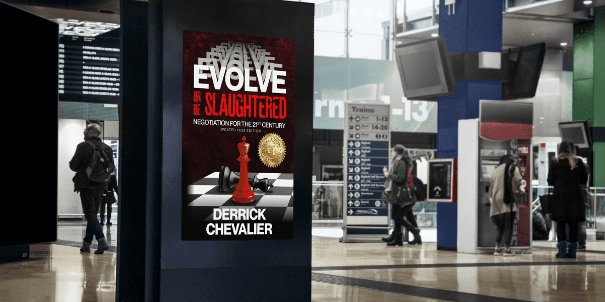 Book advertisement for *Evolve or Be Slaughtered* by Derrick Chevalier, promoting negotiation strategies for the 21st century.