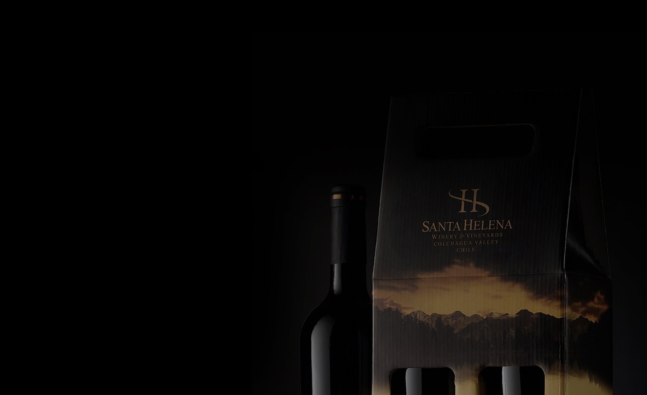 Imagen oscura y melancólica que muestra una botella de vino y una caja de regalo de la marca Santa Helena. La caja presenta un paisaje montañoso, transmitiendo sofisticación y elegancia.