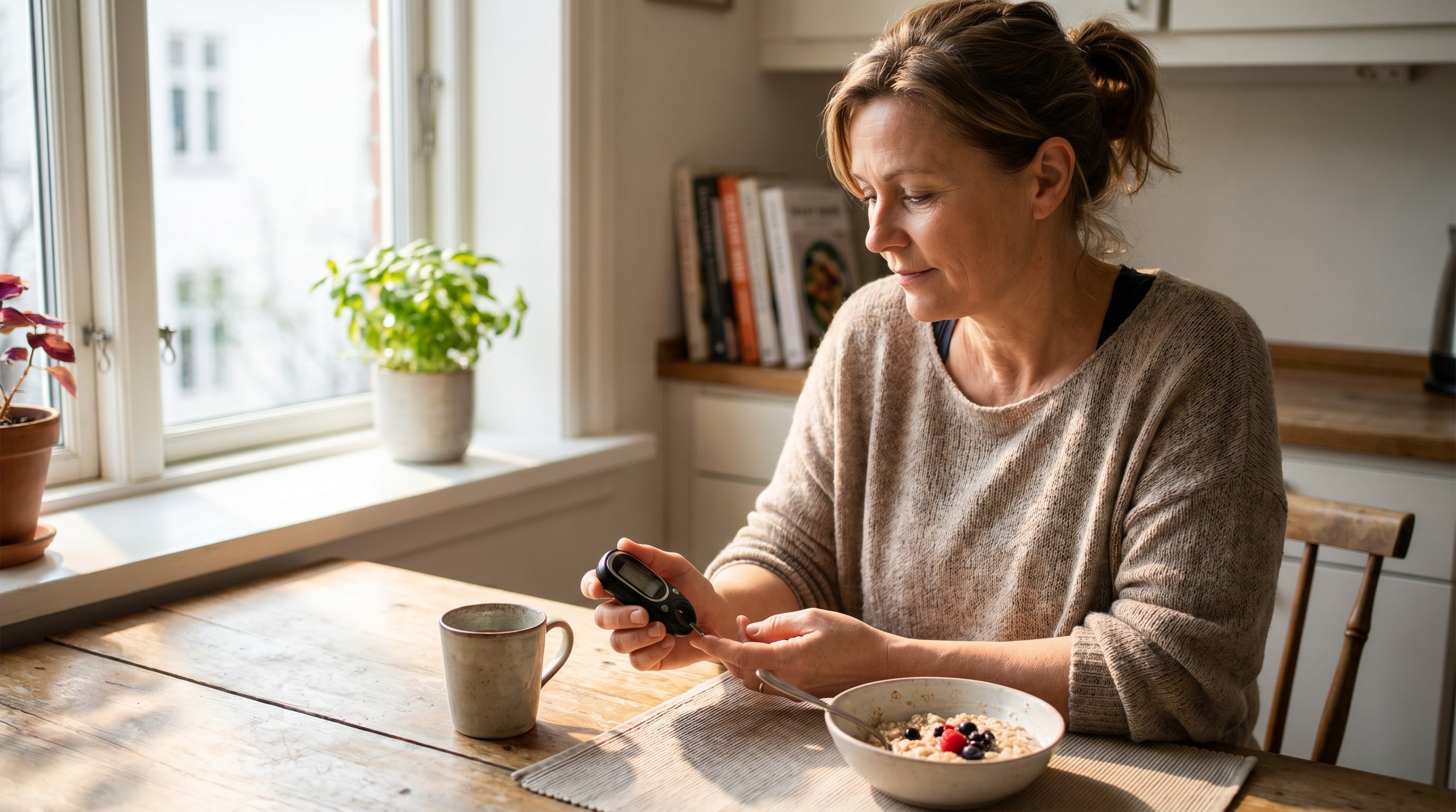 Middle-aged woman checking a glucose meter at a sunlit kitchen table in the morning