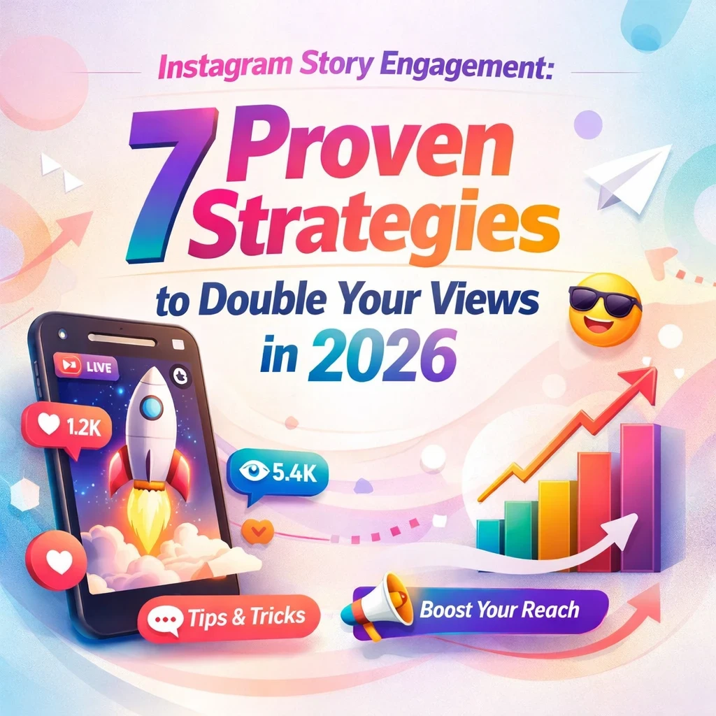 “Modern blog cover design for ‘Instagram Story Engagement: 7 Proven Strategies to Double Your Views in 2026’, featuring a smartphone with Instagram story icons, growth analytics, rising chart, engagement notifications, and colorful UI elements on a light pastel background.”