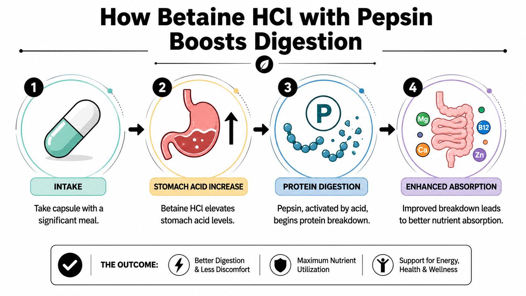 An infographic showing how betaine HCl and pepsin supplements improve digestion through four simple steps.