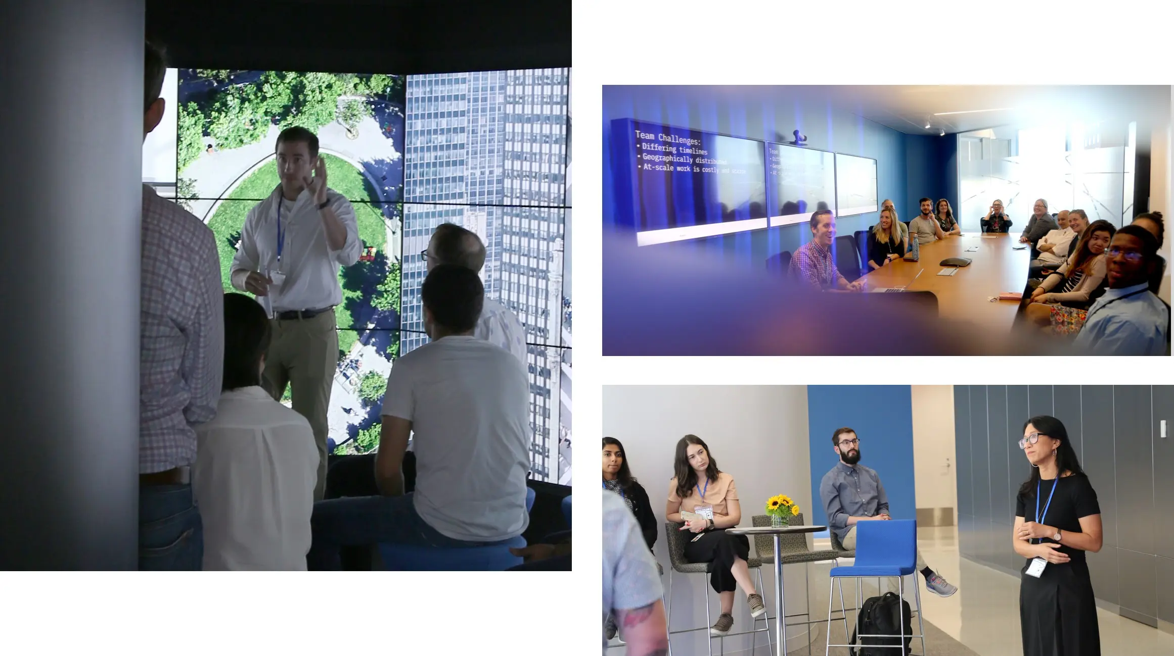 A three-panel collage from the open house: a presenter guiding visitors through the immersive room with aerial city imagery projected across the 290-degree walls, a conference room session with attendees viewing a "Team Challenges" presentation about timelines, geographic distribution, and at-scale work, and a speaker addressing a smaller group in the center's common area with sunflowers on the table.