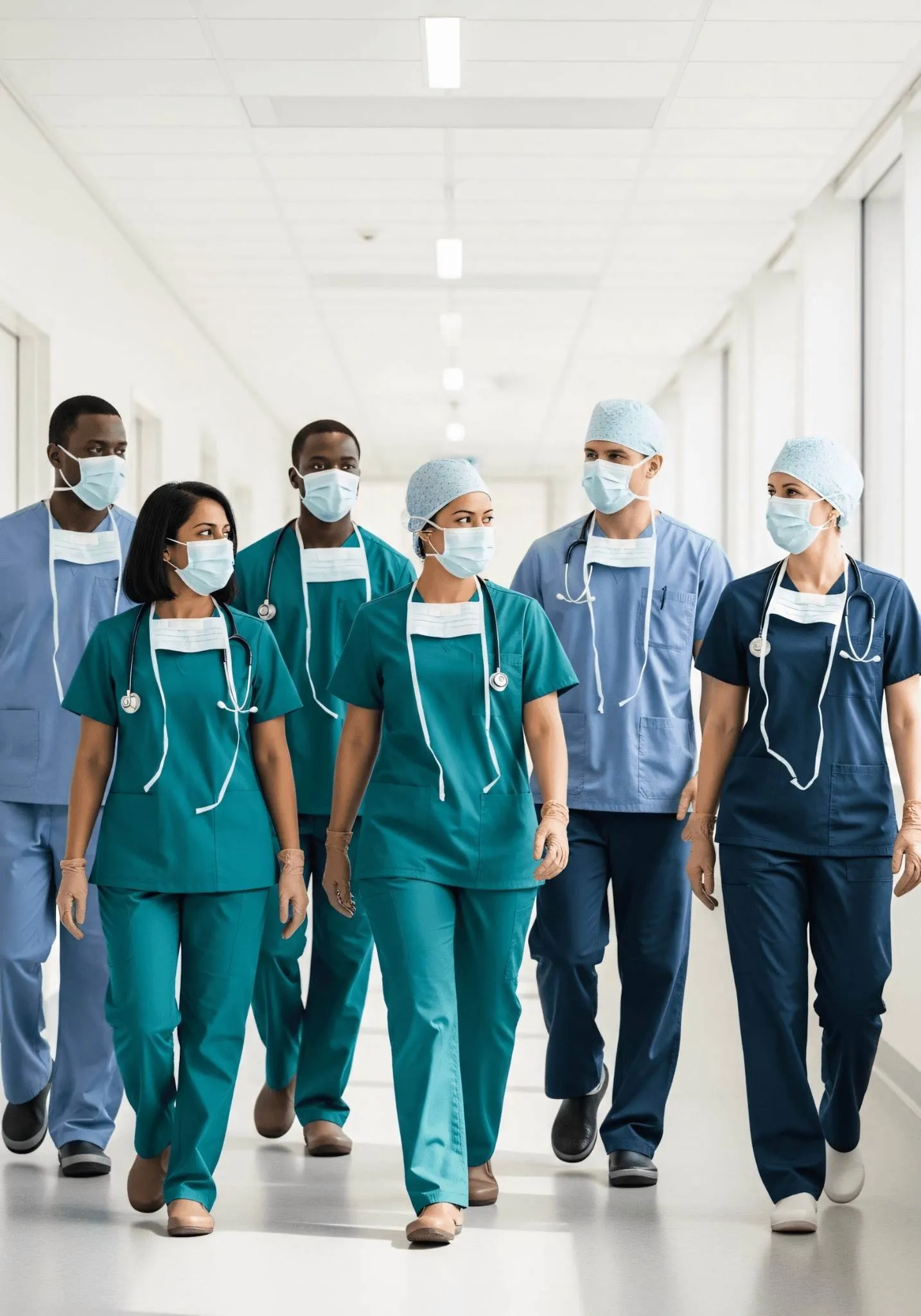 Medical team walking through a hospital corridor