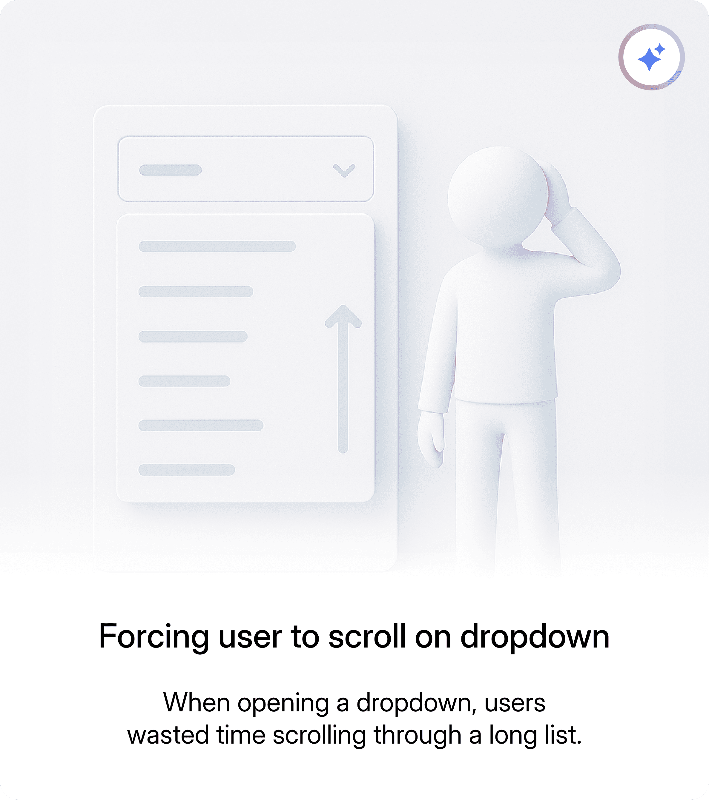3D figure scratching head next to an open dropdown menu with a vertical scroll arrow, illustrating user frustration with scrolling long lists.