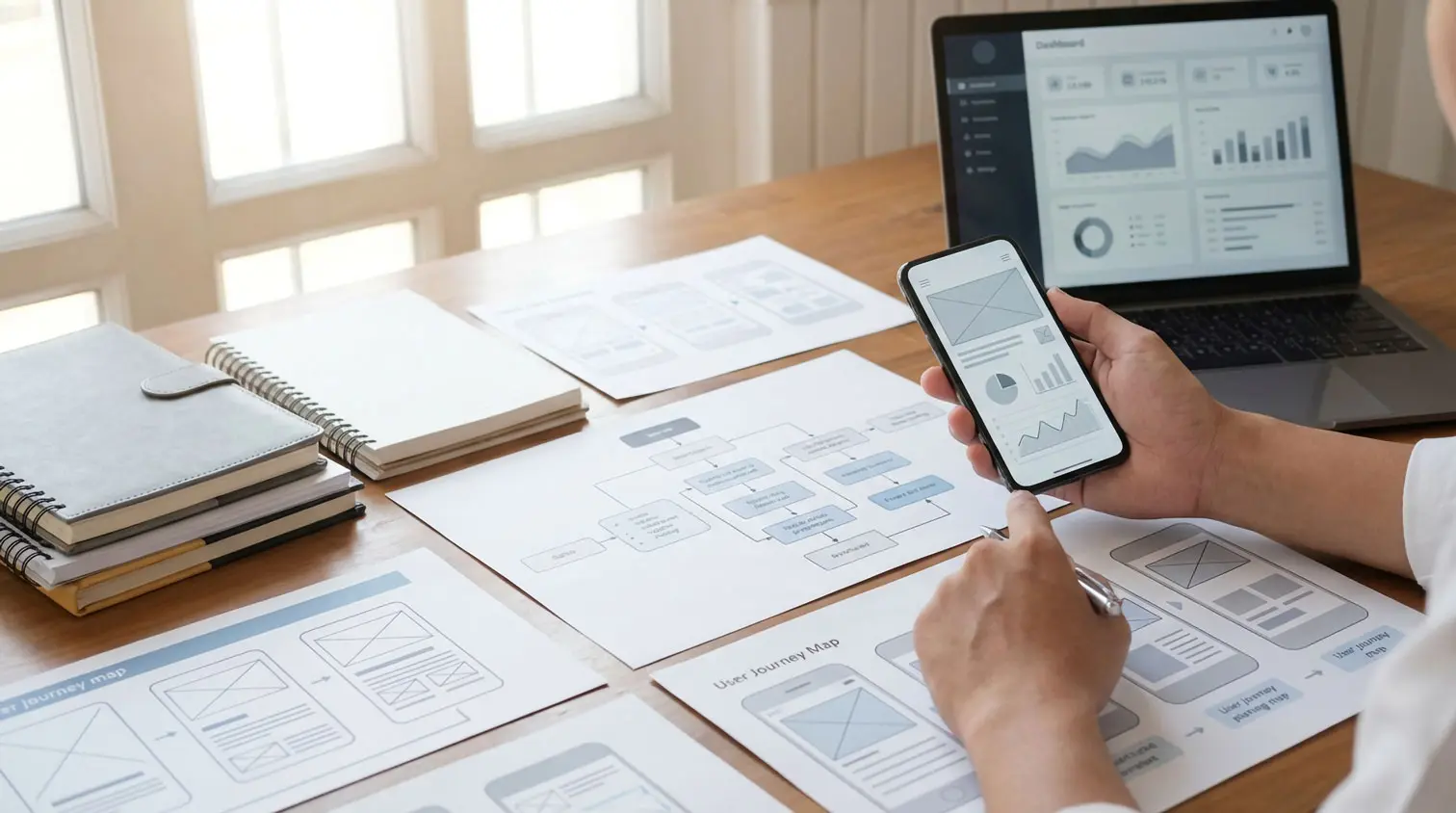 Fotografía de primer plano de un usuario sosteniendo un teléfono con un prototipo de baja fidelidad, sobre un escritorio con wireframes en papel y una laptop que muestra el mismo diseño digitalizado.