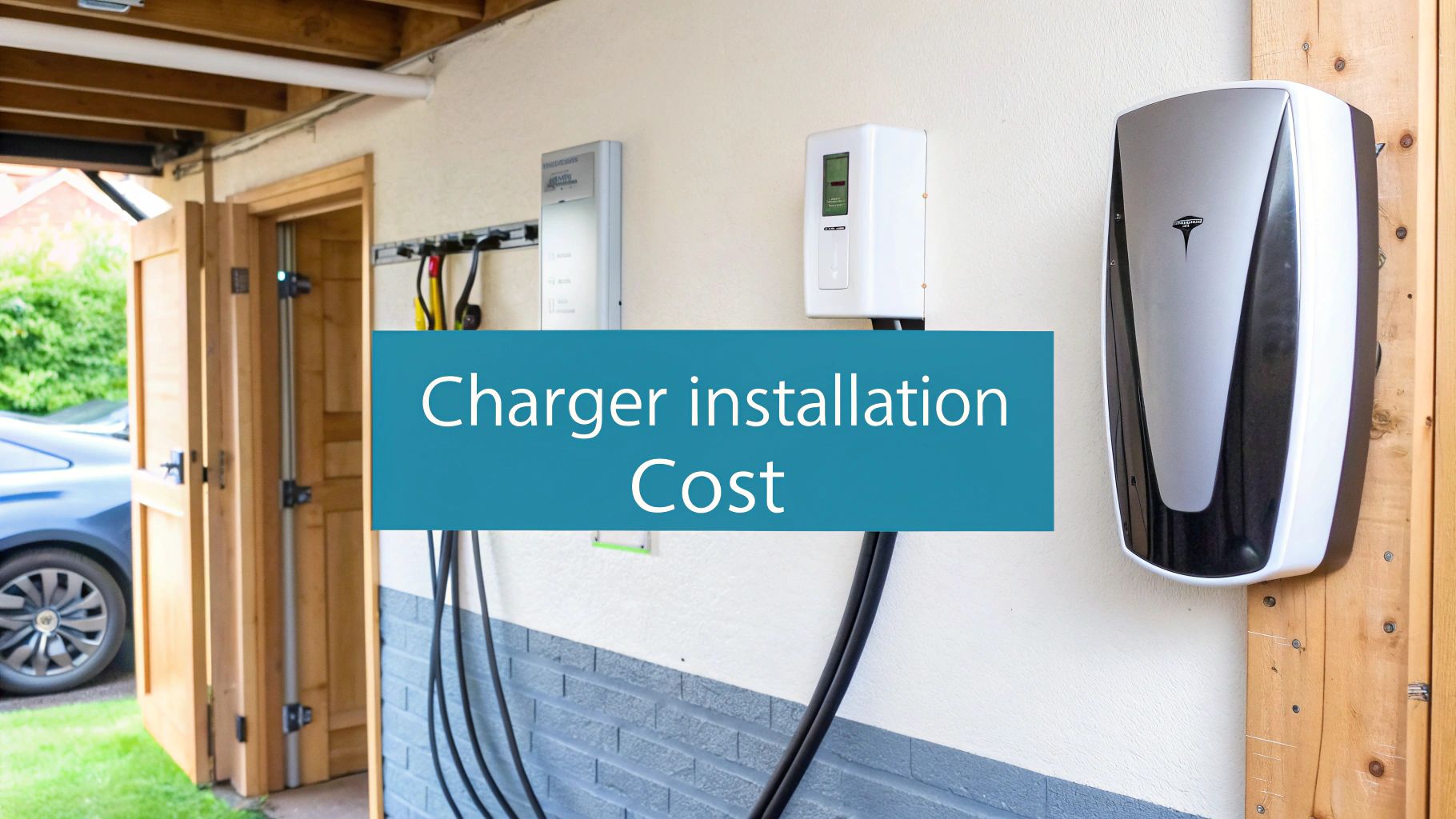 a tesla charger attached to a wall with the text 'charger installation cost' in the foreground