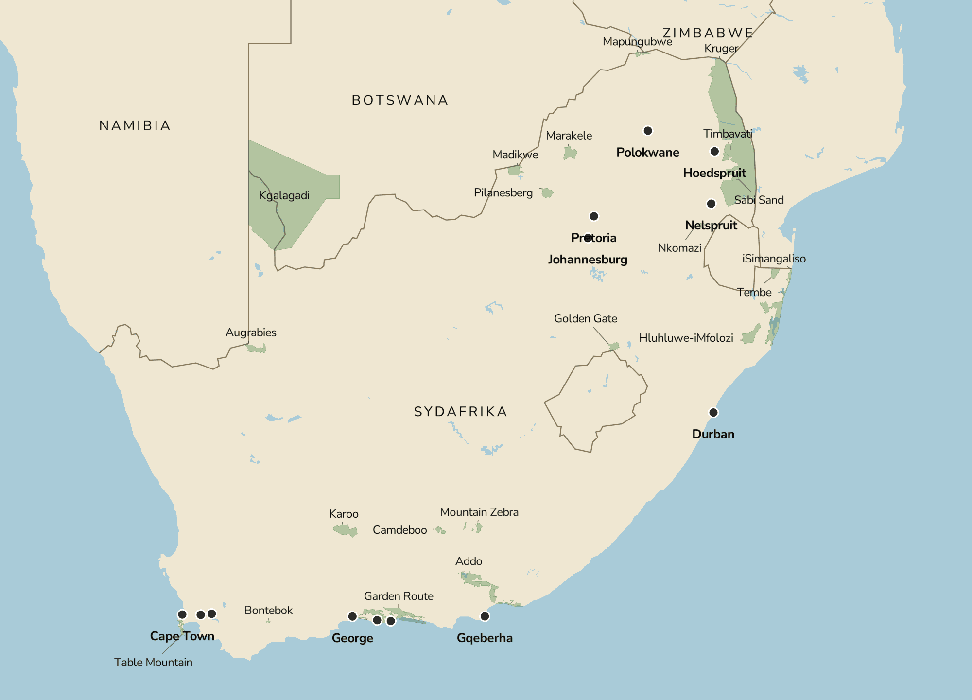 Kort over Sydafrika med de områder, Safarikompagniet bruger til safari og rejser i Cape Town-området.