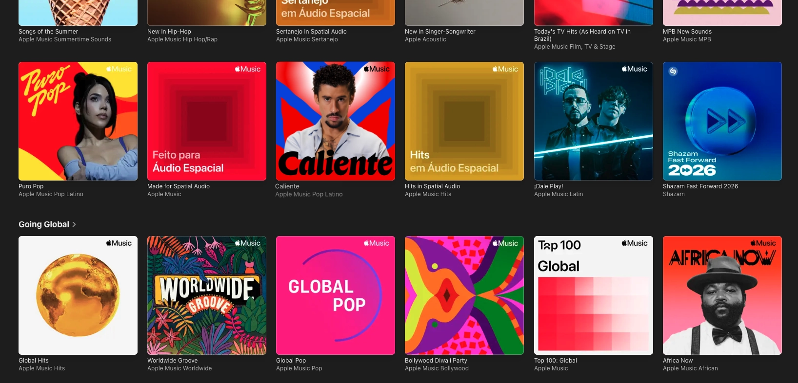 "Apple Music playlist grid including Caliente, showing global Latin music playlists in a digital music platform interface"
