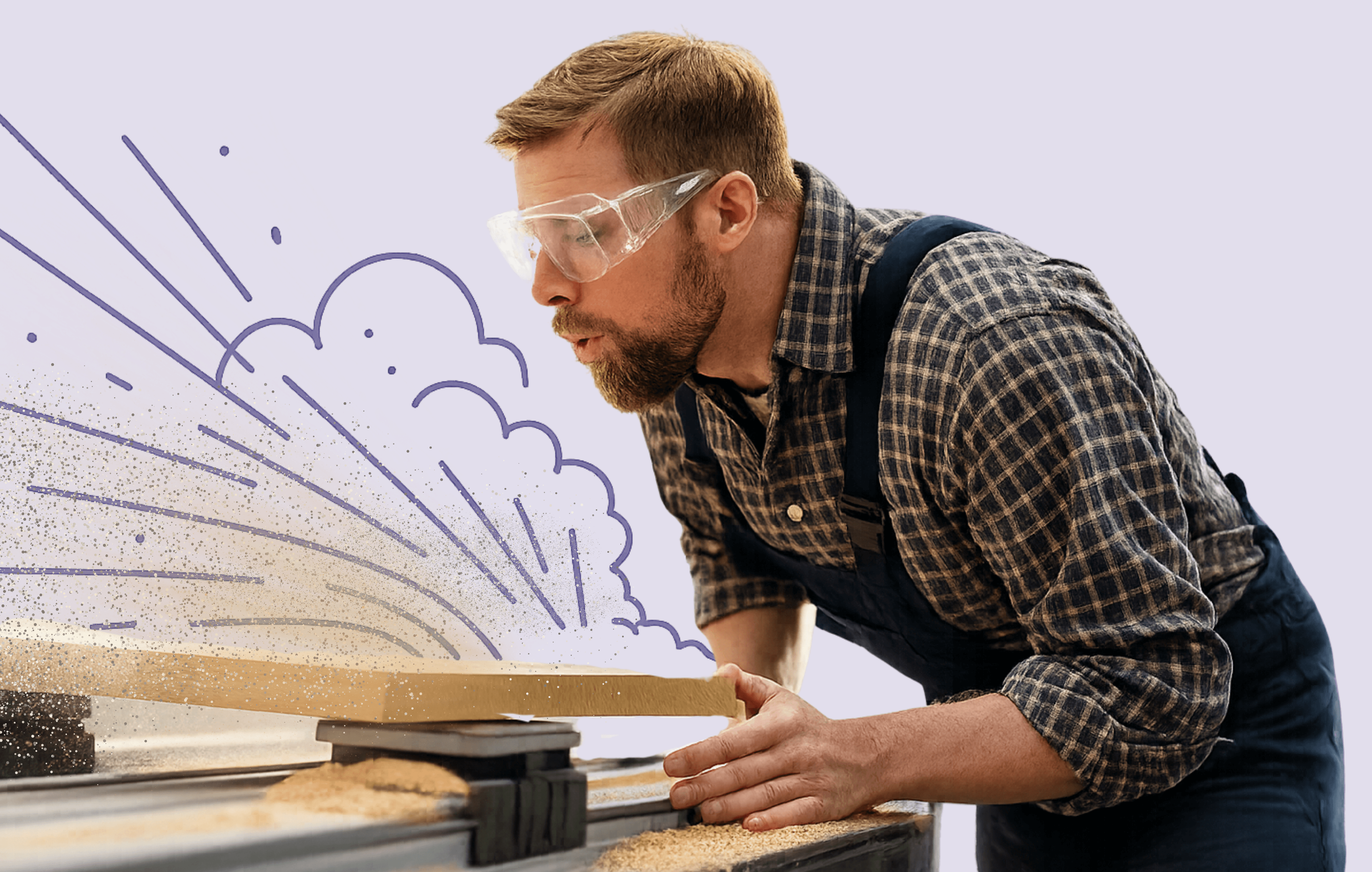 A carpenter blows dust from a wooden plane. Behind him, there is a graphic visualization of a dust explosion.