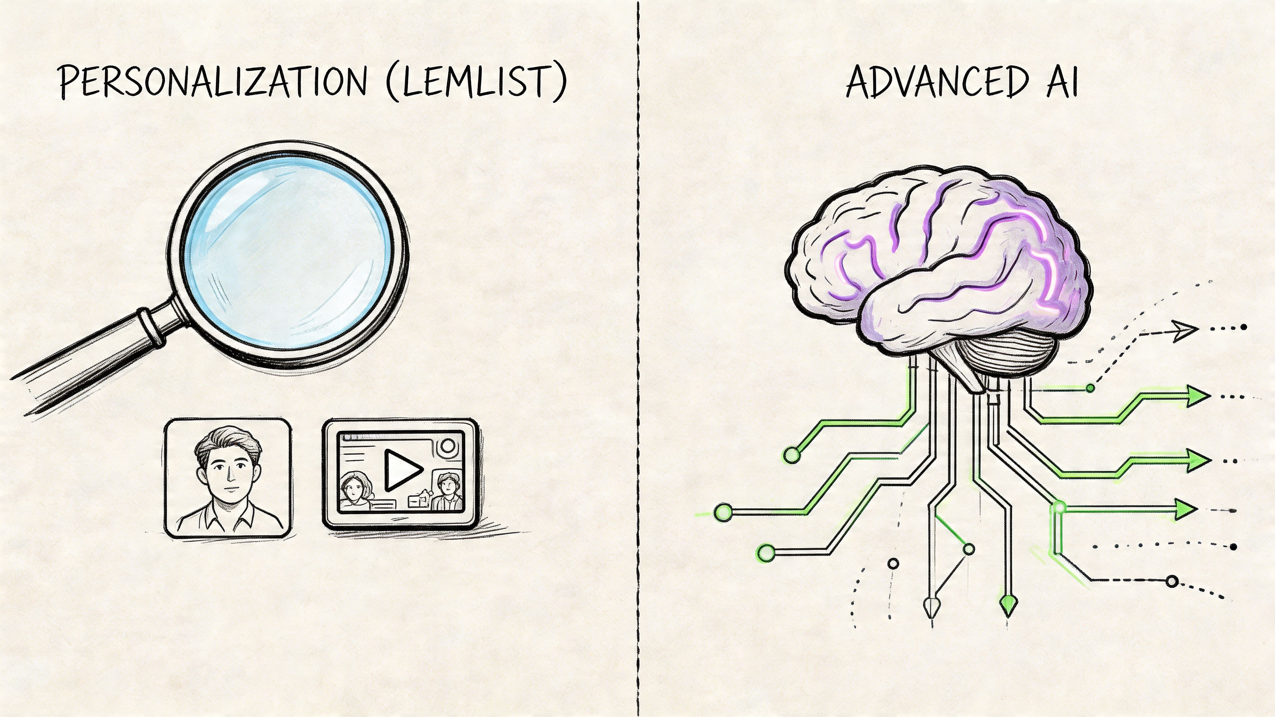 A split graphic comparing lemList personalization featuring a magnifying glass and video, against advanced AI brain circuitry.
