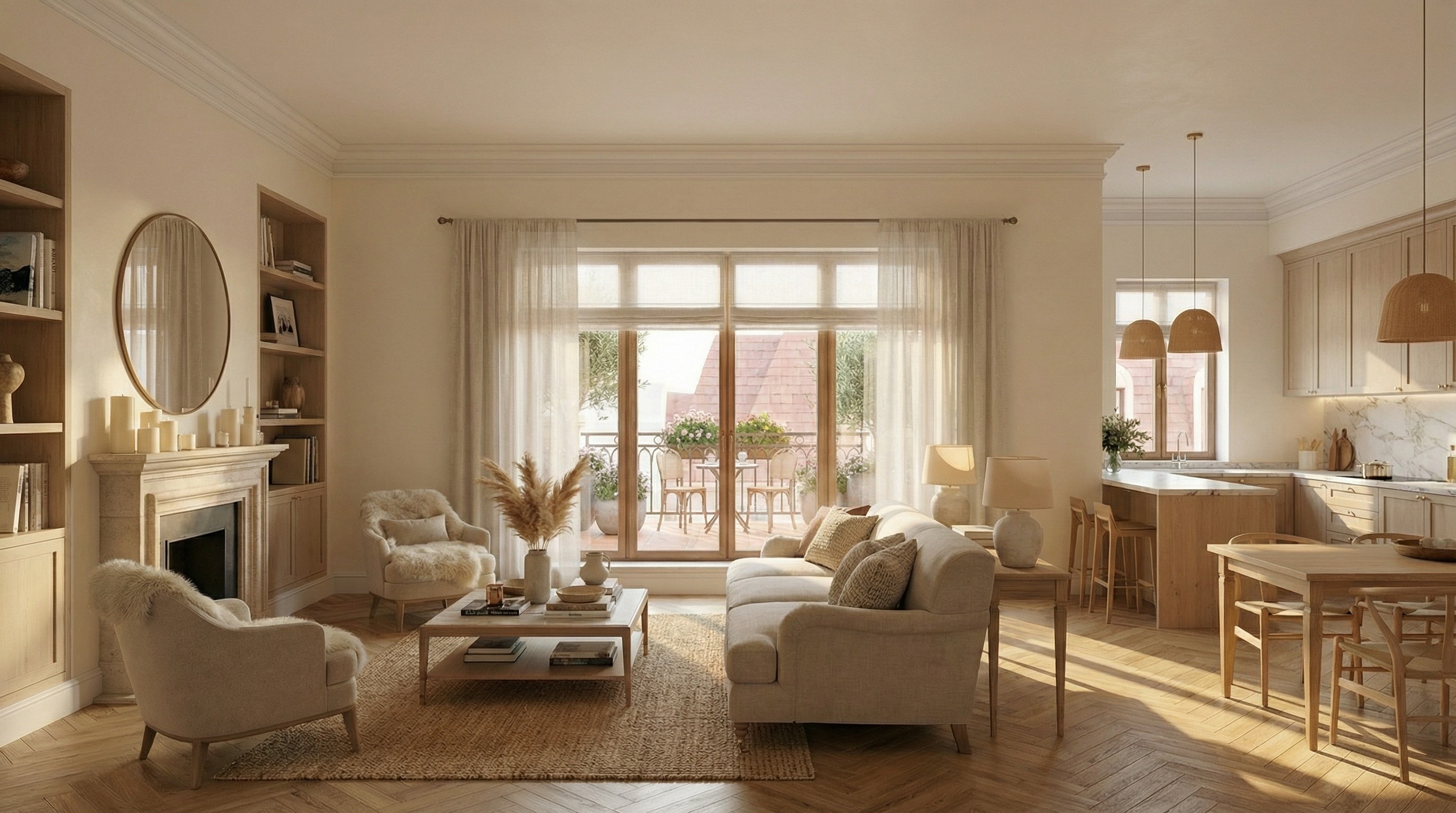 Lys stue med utgang til balkong, parkettgulv og varme naturtoner