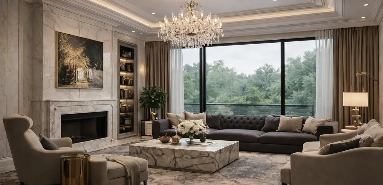 Luxury σαλόνι υψηλής αισθητικής σε full HD, με σύγχρονο σχεδιασμό, ζεστό φωτισμό, μαρμάρινα στοιχεία και premium διακόσμηση.