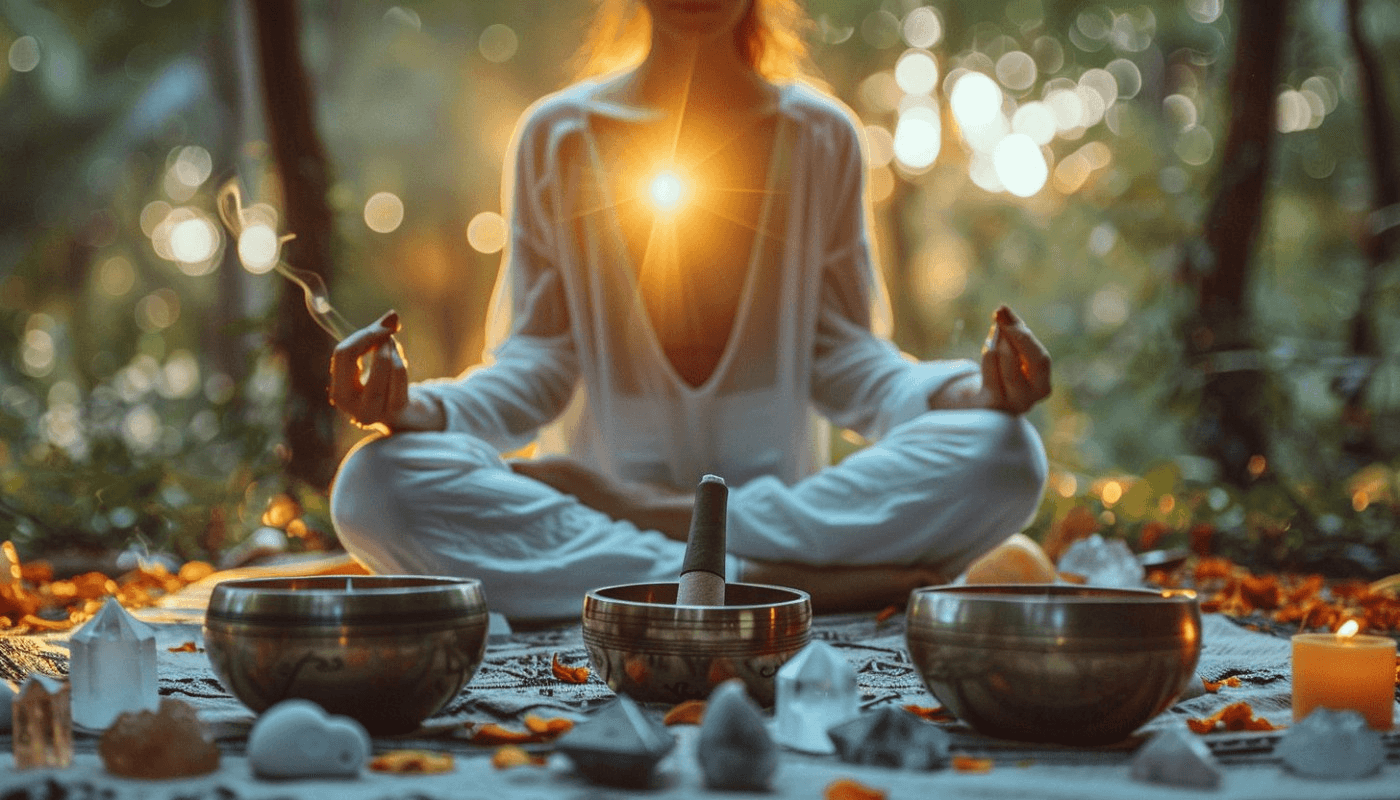 A woman receives a relaxing energy healing in a serene setting with soft lighting.