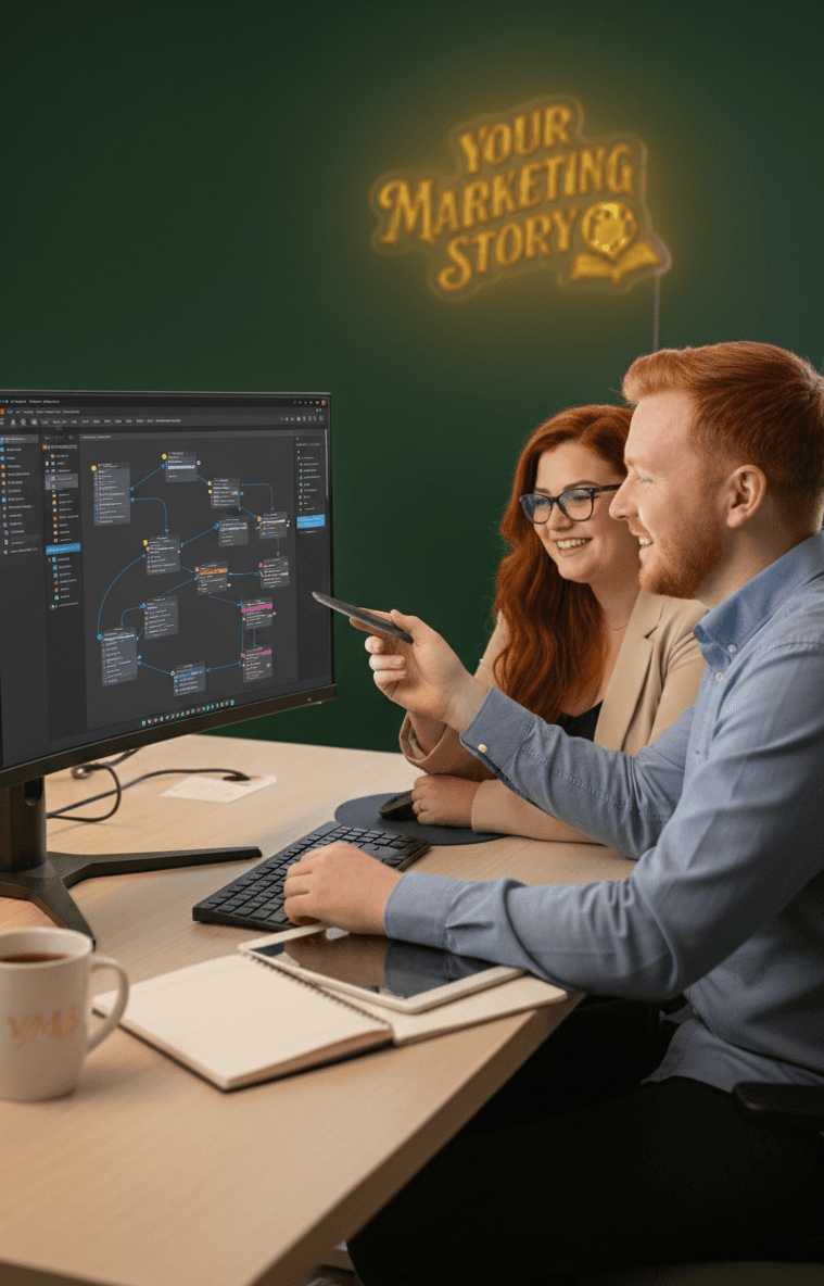 Digital marketing experts at Your Marketing Story building a complex n8n automation workflow to streamline business processes.