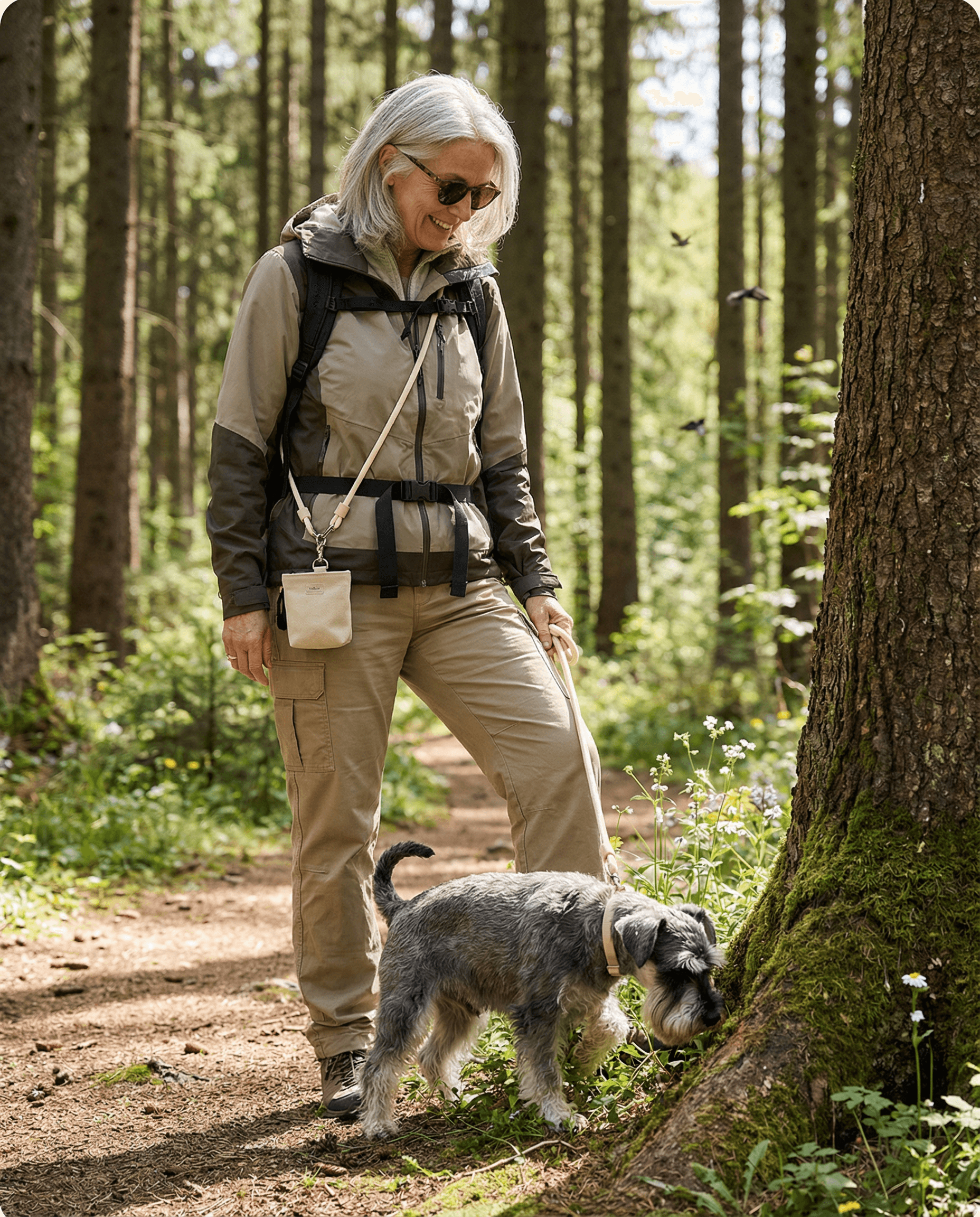 Older woman walking a schnauzer on a forest trail in natural daylight