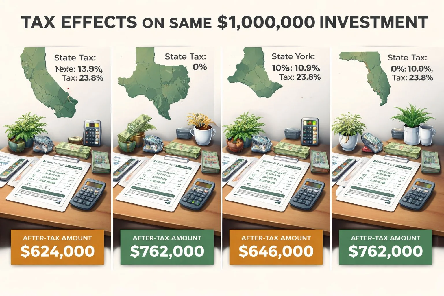 Illustration of the same investment portfolio across multiple U.S. states, showing how taxes affect returns differently in each state.