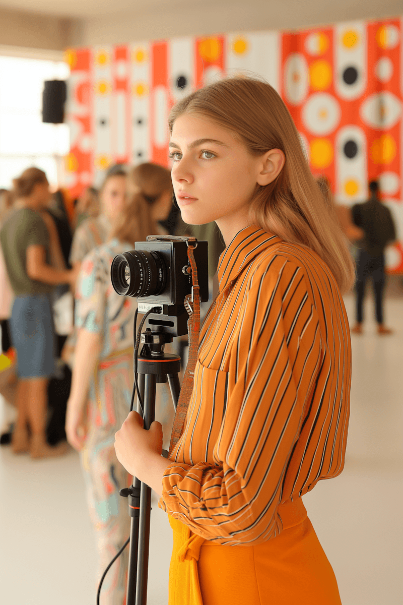 Young woman in orange striped shirt photographing with vintage camera in colorful studio.